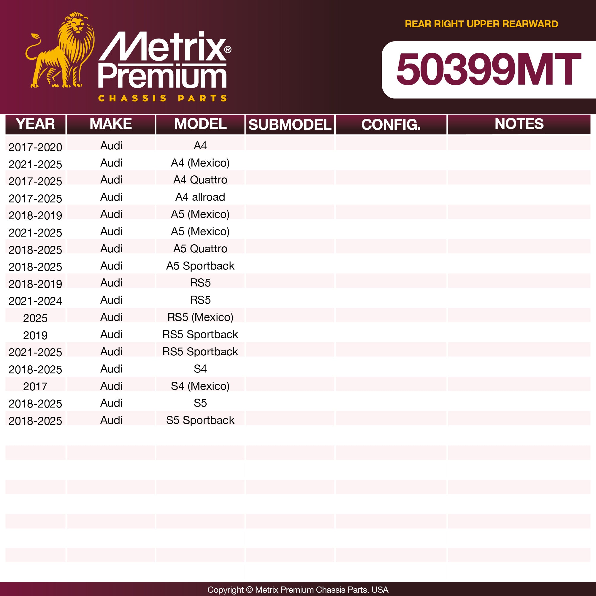 Metrix Premium Chassis Parts Rear Right Upper Rearward Lateral Arm 50399MT aftermarket car parts