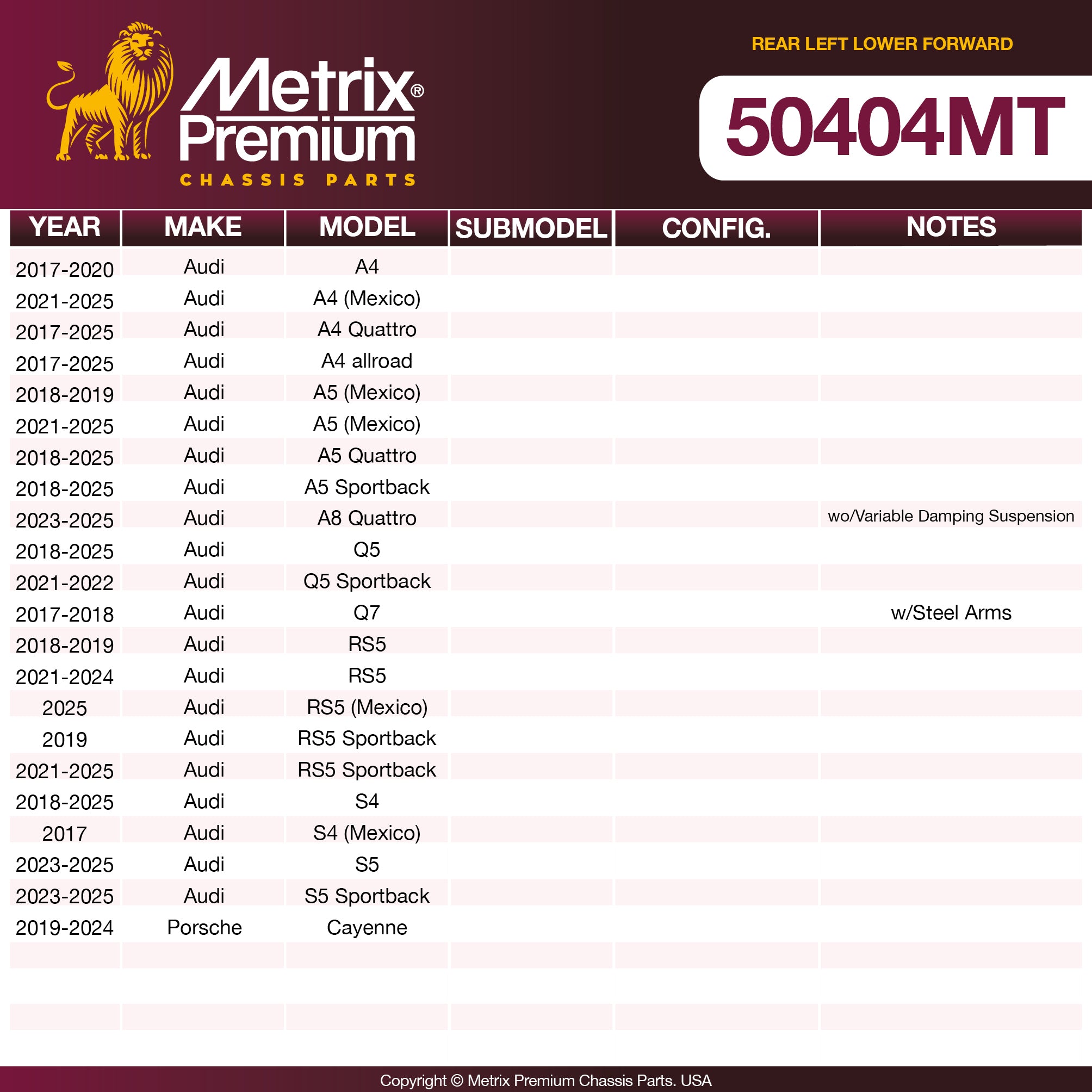 Metrix Premium Chassis Parts Rear Left Lower Forward Lateral Arm 50404MT aftermarket car parts