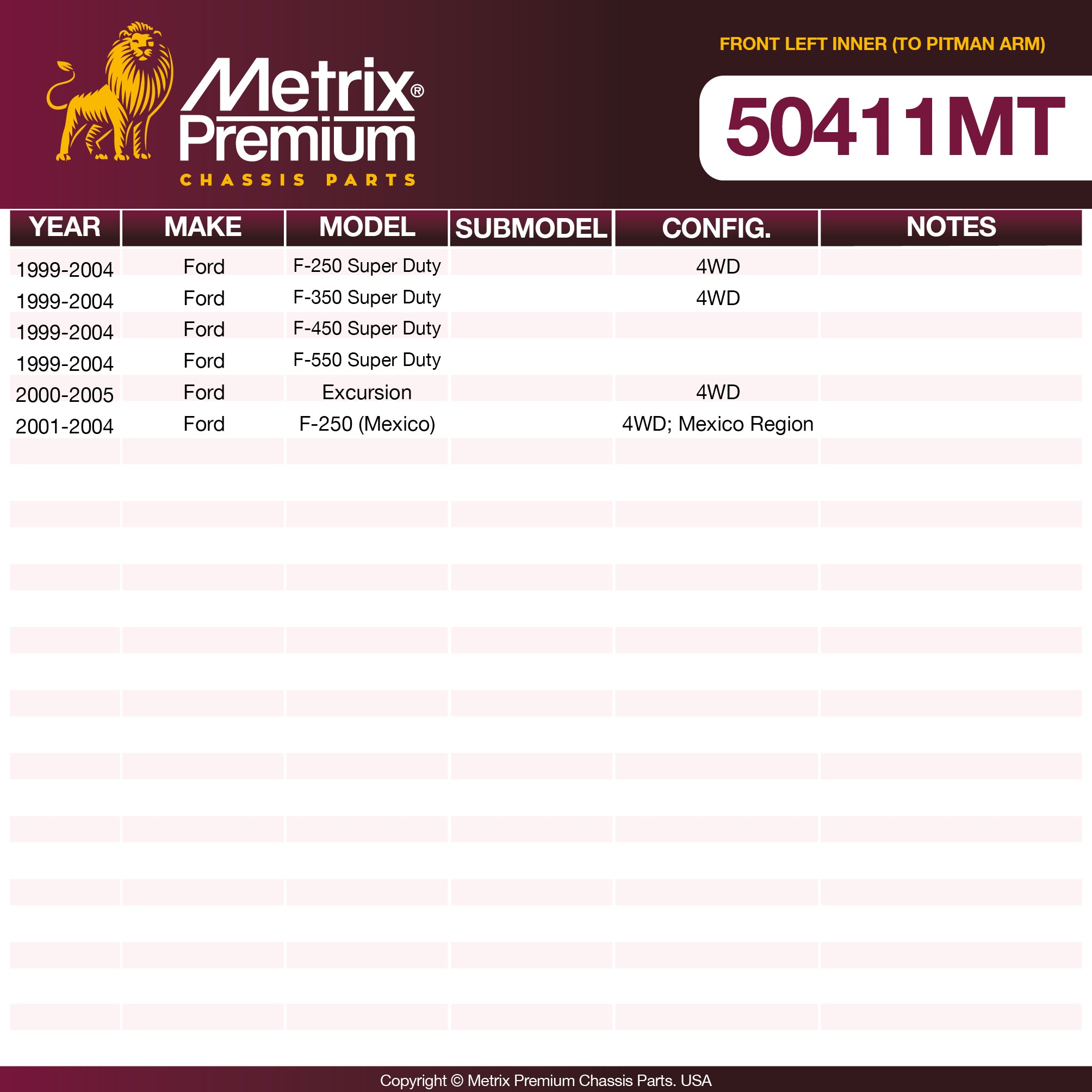Metrix Premium Chassis Parts Front Left Inner (To Pitman Arm) Tie Rod End 50411MT OEM fit auto parts