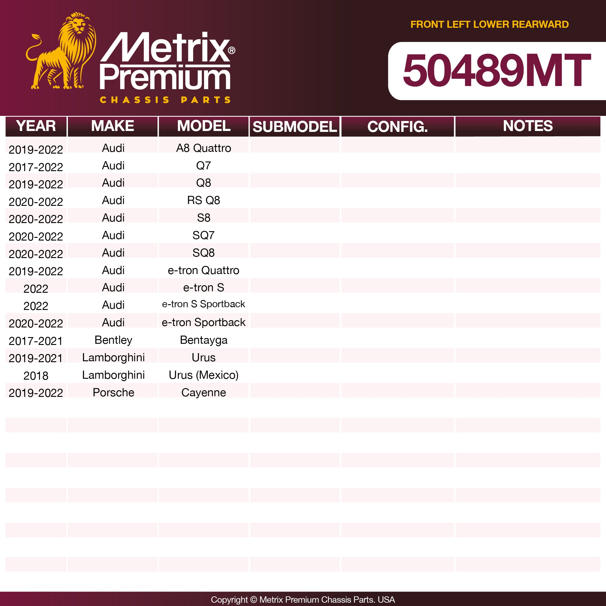 Metrix Premium Chassis Parts Front Left Lower Rearward Control Arm and Ball Joint Assembly 50489MT aftermarket car parts