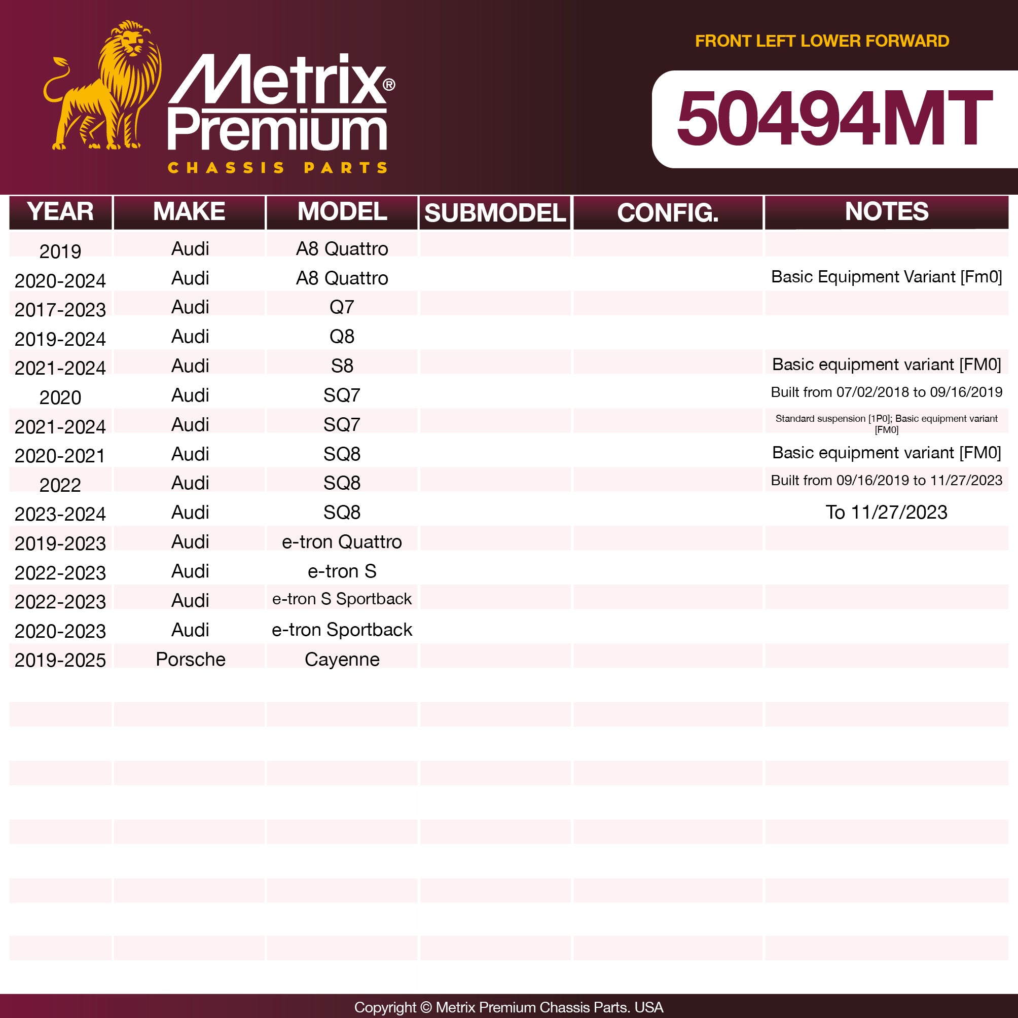 Metrix Premium Chassis Parts Front Left Lower Forward Control Arm 50494MT aftermarket car parts