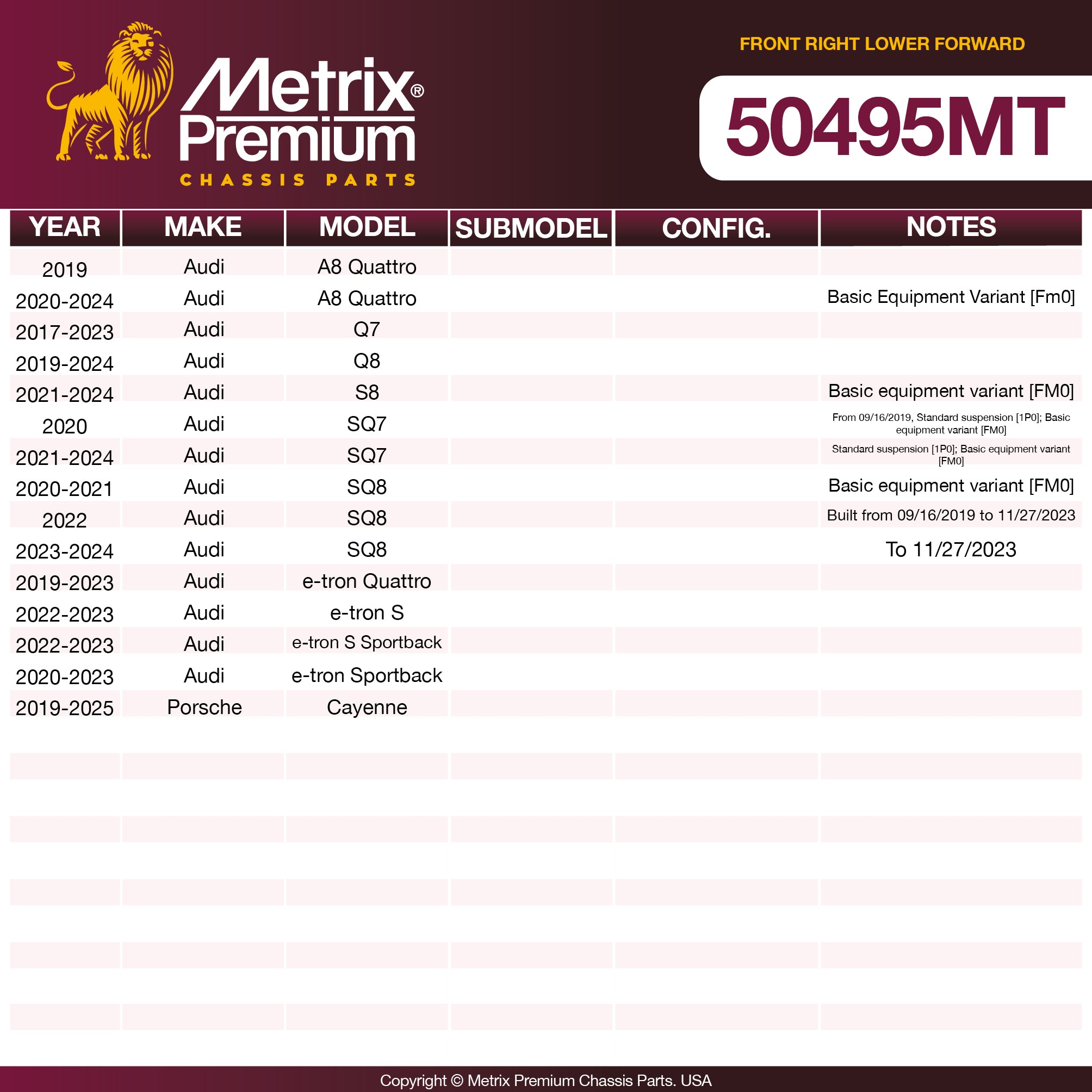 Metrix Premium Chassis Parts Front Right Lower Forward Control Arm 50495MT aftermarket car parts