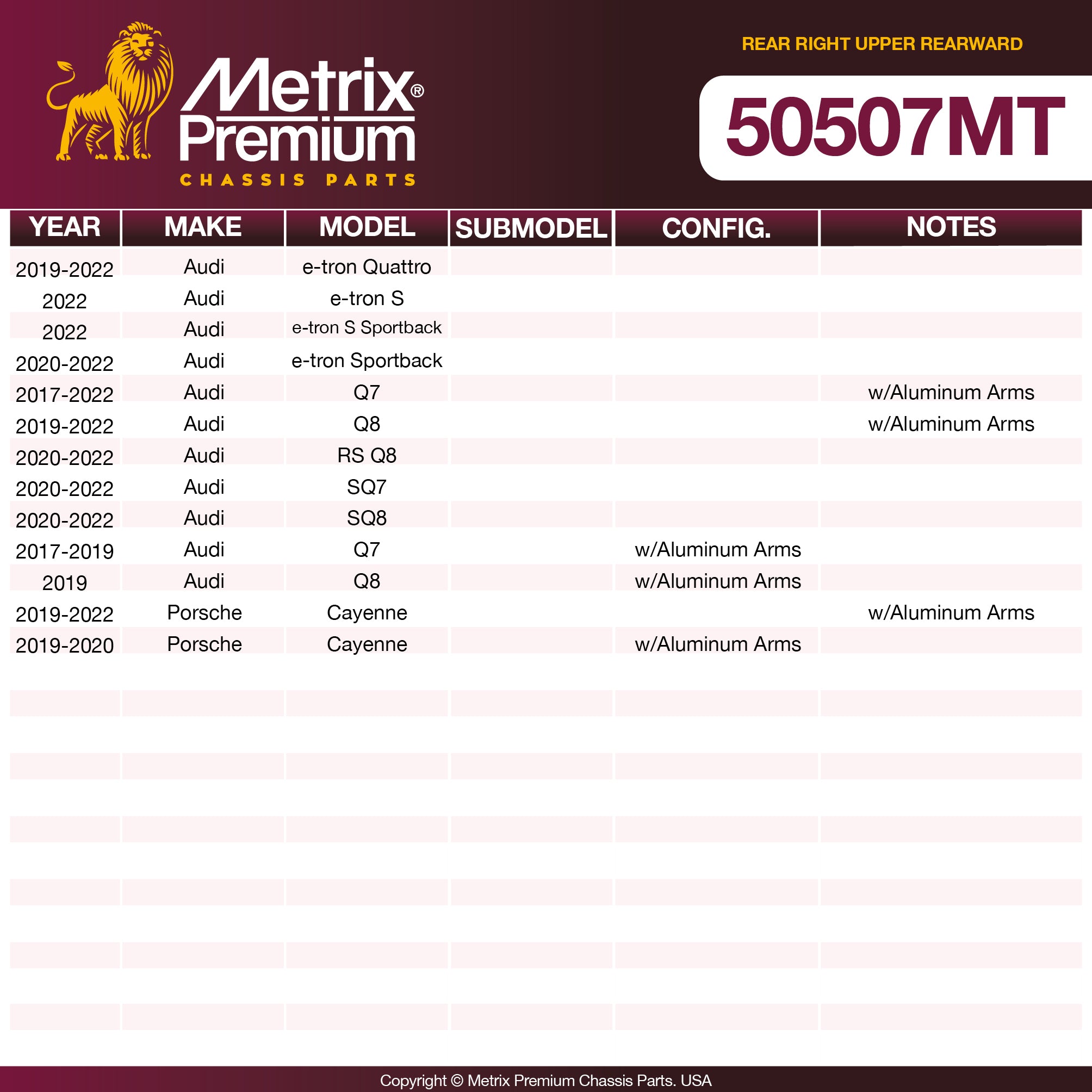 Metrix Premium Chassis Parts Rear Right Upper Rearward Lateral Arm 50507MT OEM fit auto parts