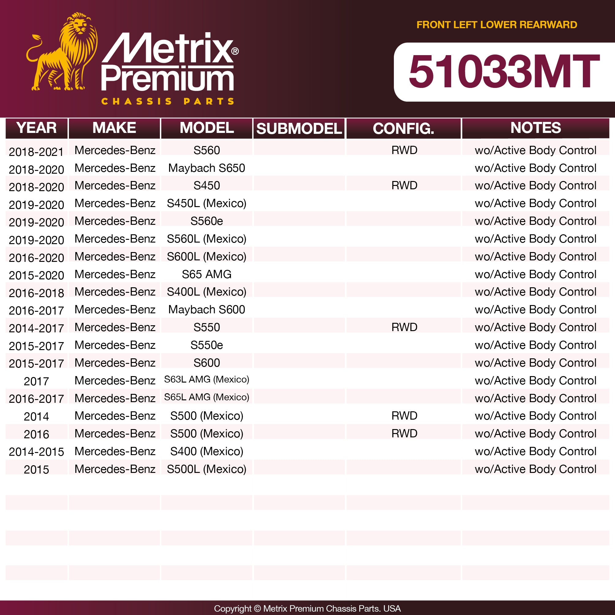 Metrix Premium Chassis Parts Front Left Lower Rearward Control Arm and Ball Joint Assembly 51033MT OEM fit auto parts