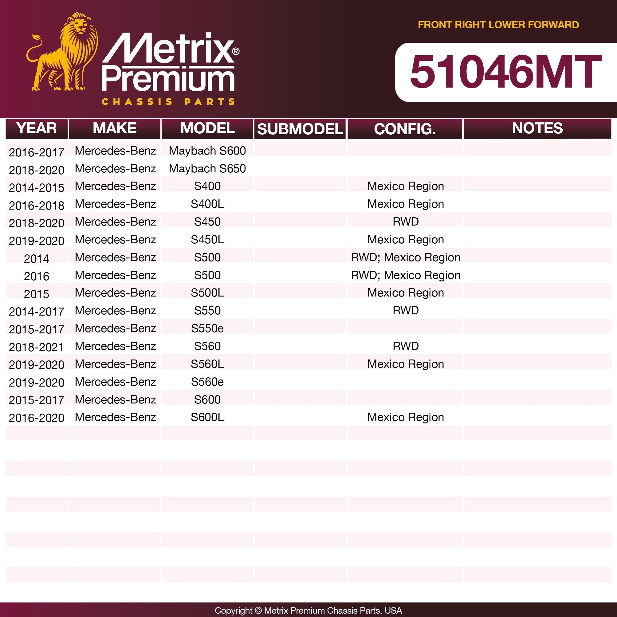 Metrix Premium Chassis Parts Front Right Lower Forward Control Arm and Ball Joint Assembly 51046MT aftermarket car parts
