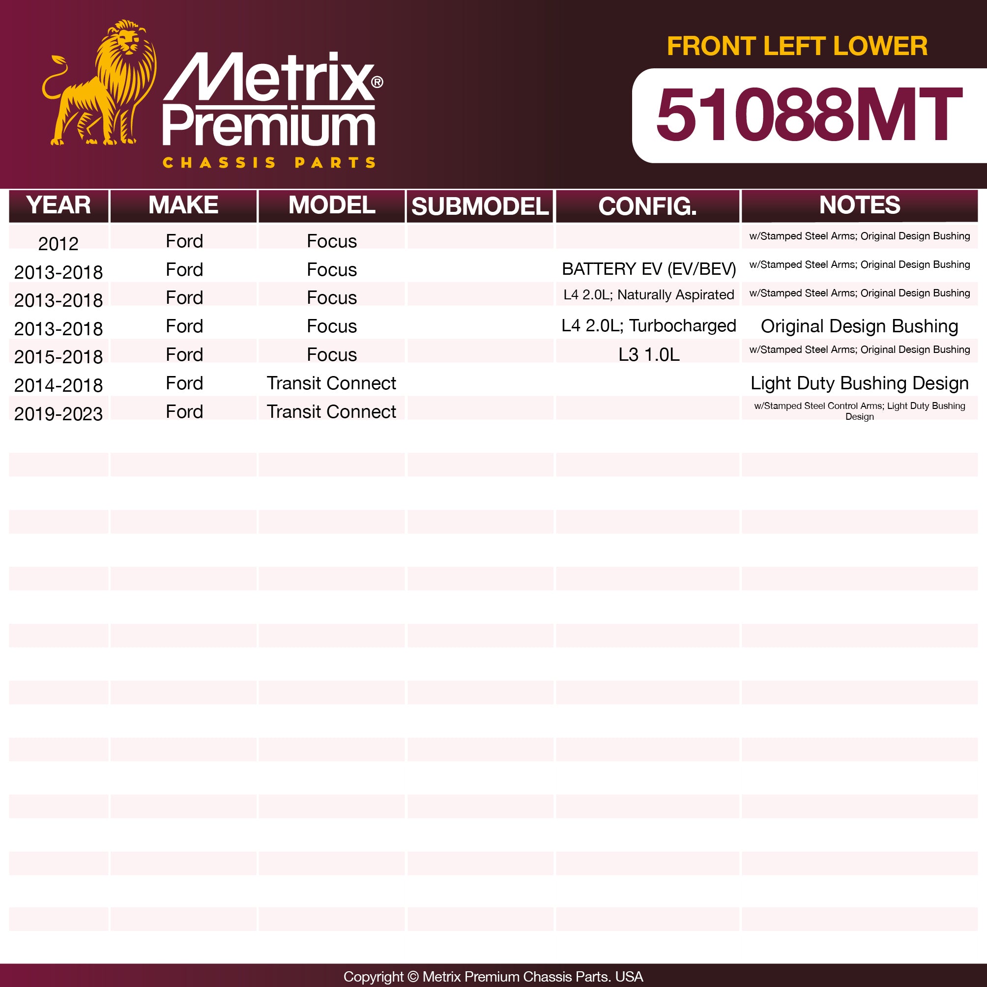 Metrix Premium Front Left Lower Control Arm and Ball Joint Assembly 51088MT OEM fit spare parts