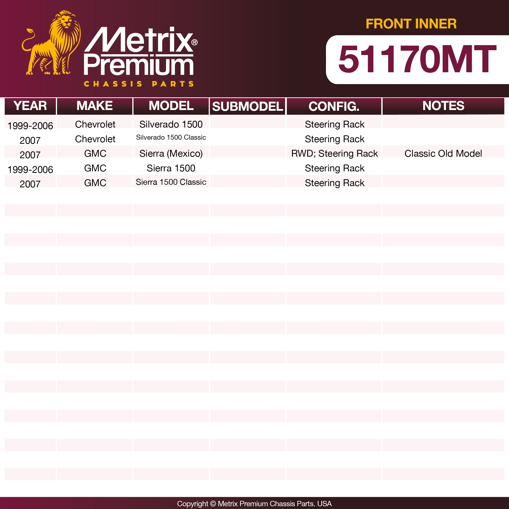 Metrix Premium Front Inner Tie Rod End 51170MT OEM fit spare parts