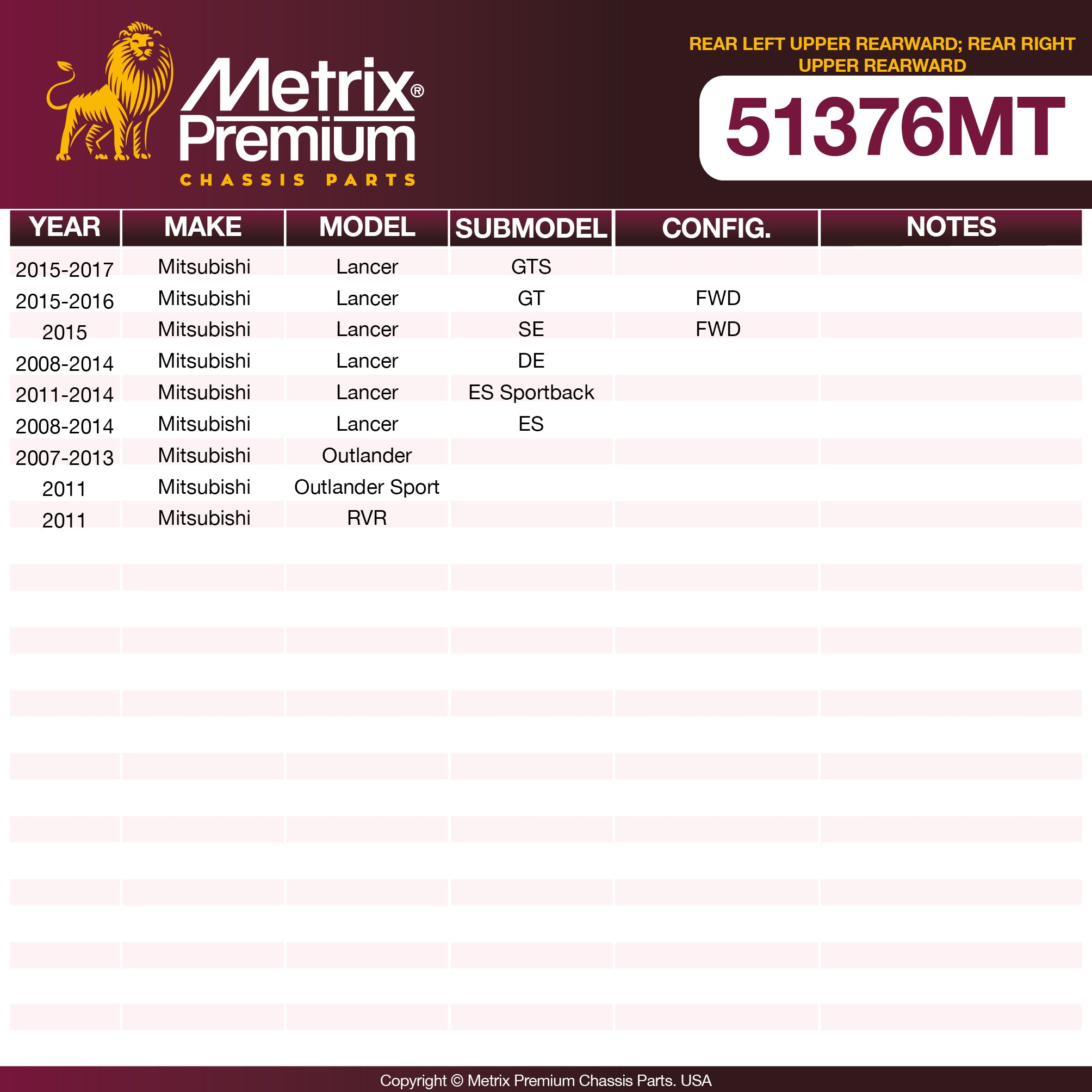 Metrix Premium Chassis Parts Rear Left Upper Rearward; Rear Right Upper Rearward Control Arm 51376MT aftermarket car parts