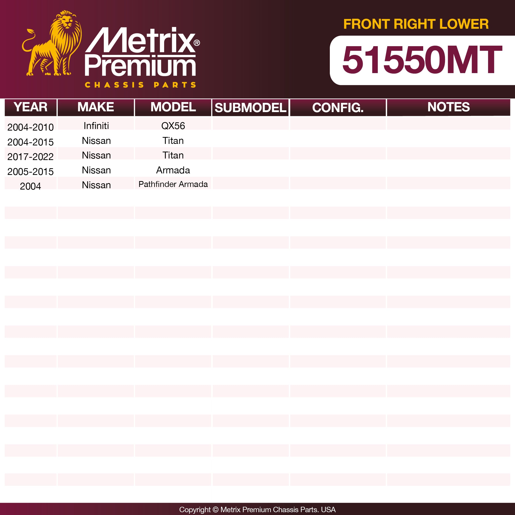 Metrix Premium Chassis Parts Front Right Lower Control Arm and Ball Joint Assembly 51550MT OEM fit auto parts