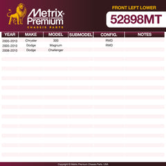Metrix Premium Chassis Parts Front Left Lower Control Arm and Ball Joint Assembly 52898MT OEM fit auto parts