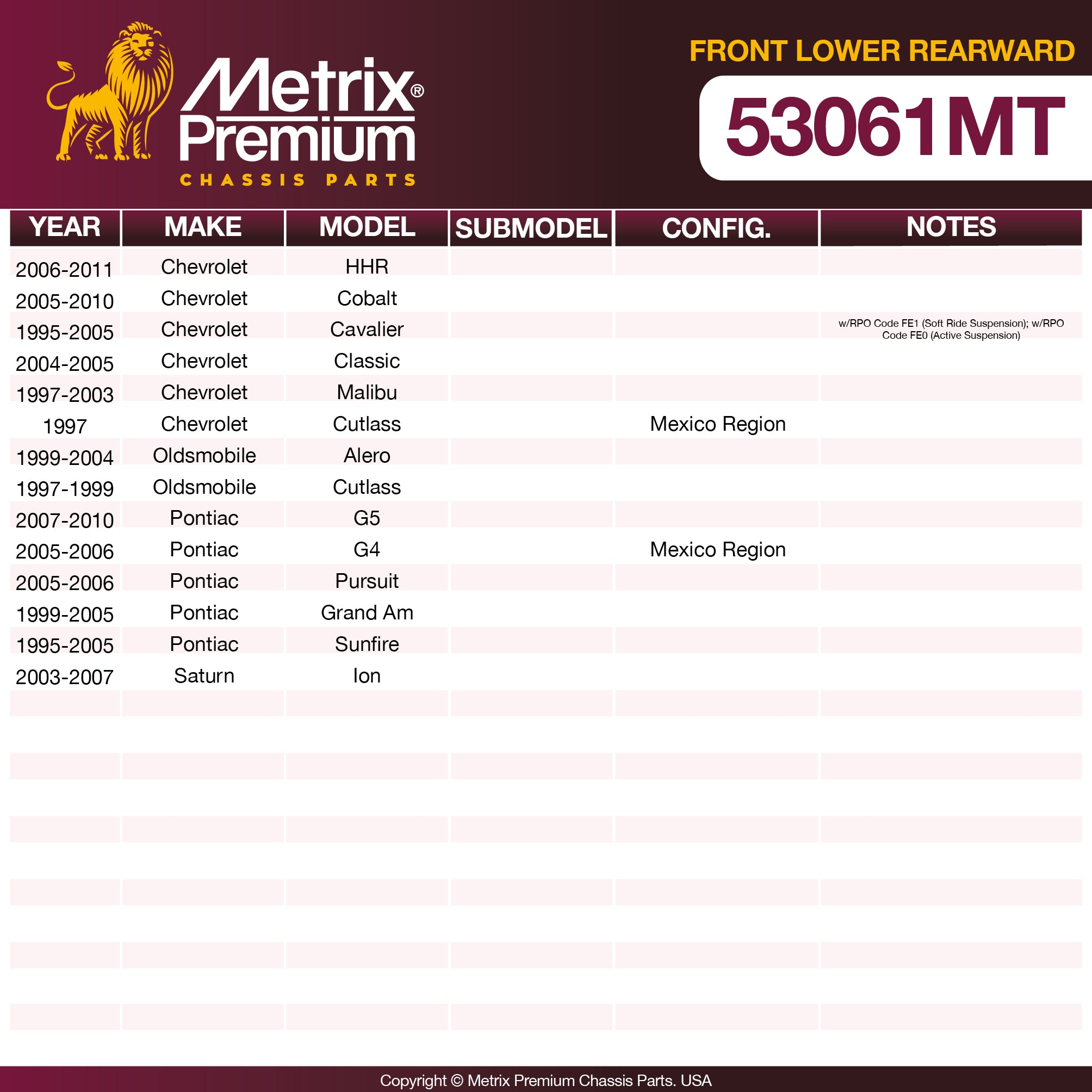 Metrix Premium Chassis Parts Front Lower Rearward Control Arm Bushing 53061MT OEM fit auto parts