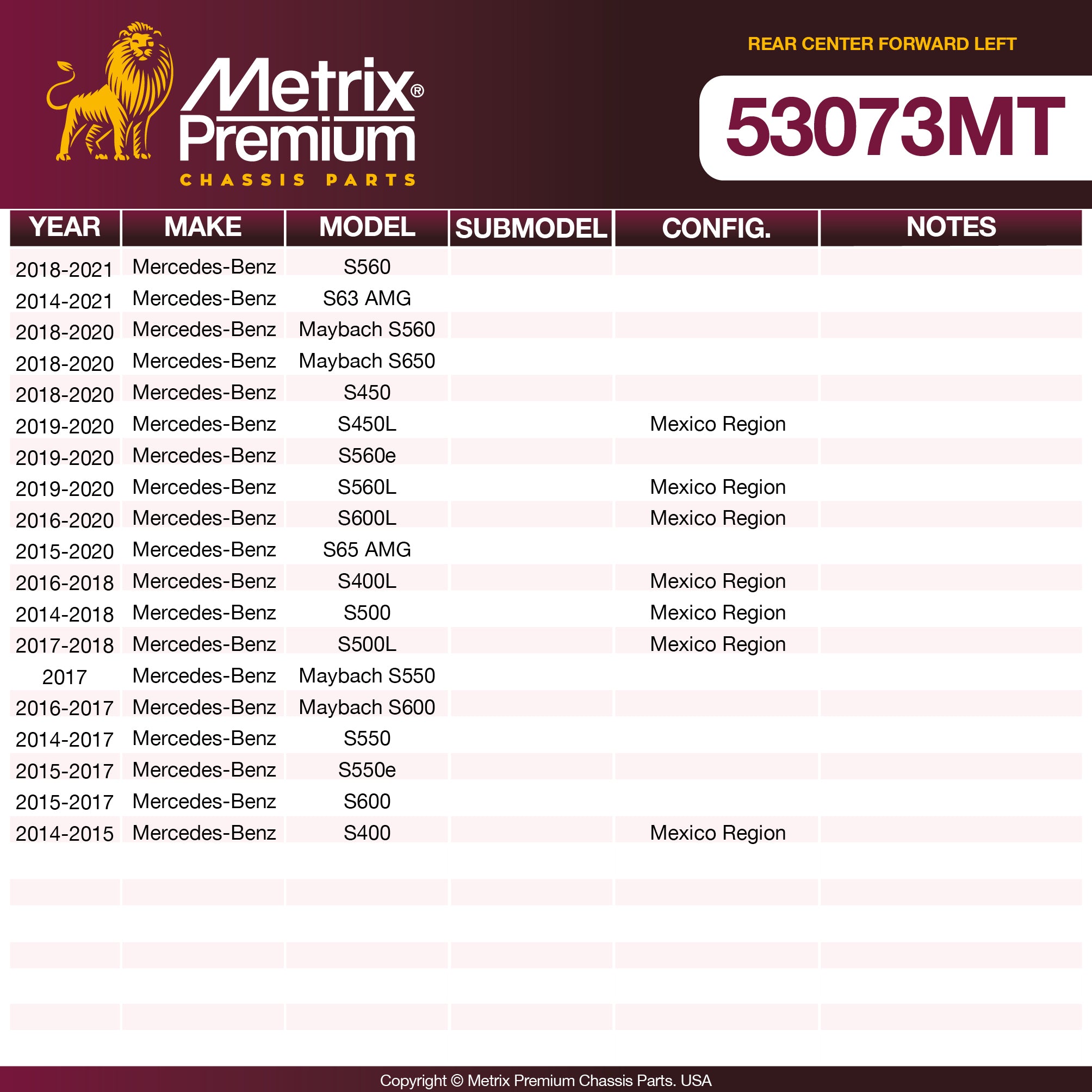 Metrix Premium Chassis Parts Rear Center Forward Left Control Arm 53073MT aftermarket car parts