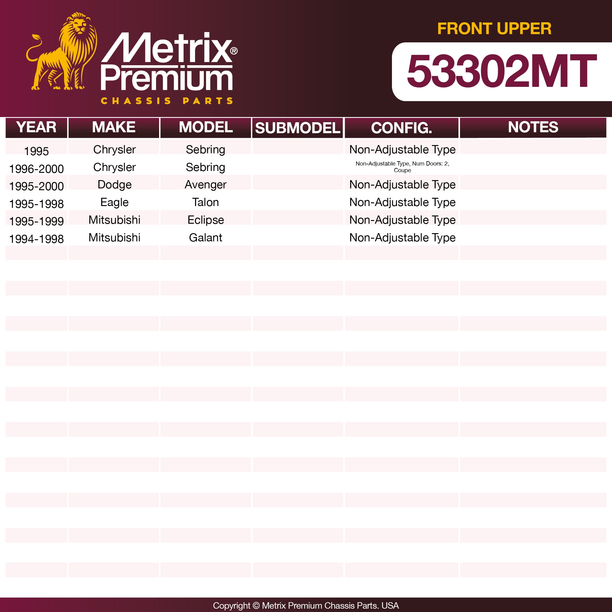Metrix Premium Chassis Parts Front Upper Ball Joint 53302MT OEM fit auto parts
