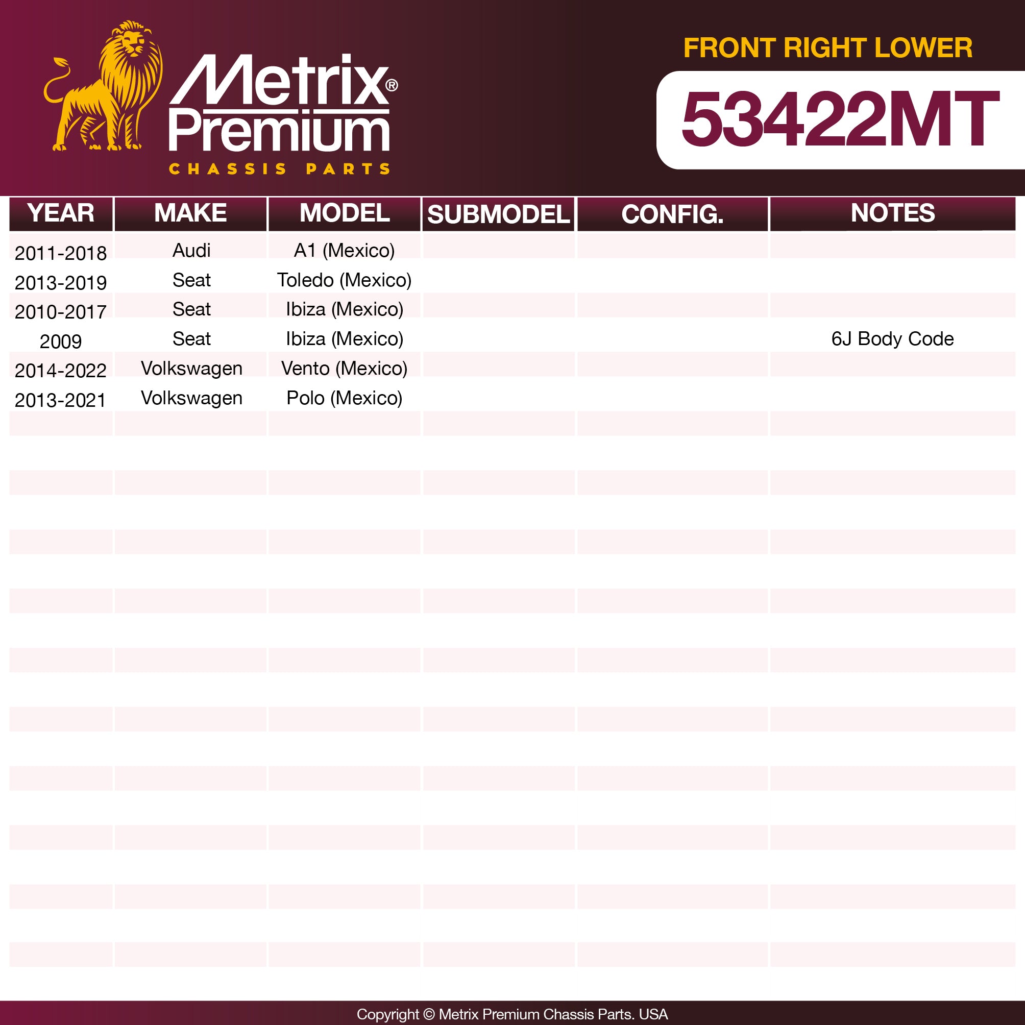 Metrix Premium Chassis Parts Front Right Lower Control Arm and Ball Joint Assembly 53422MT OEM fit auto parts