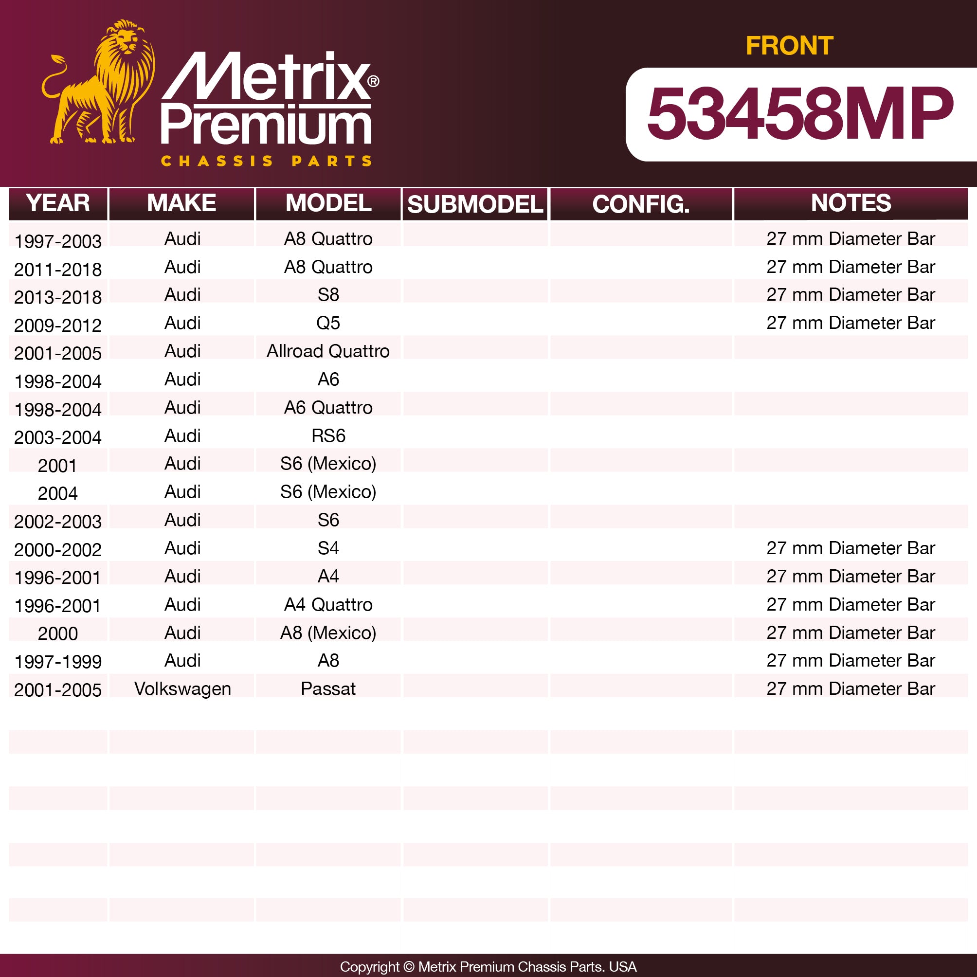 Metrix Premium Chassis Parts Front Stabilizer Bar Bushing Kit 53458MP aftermarket car parts