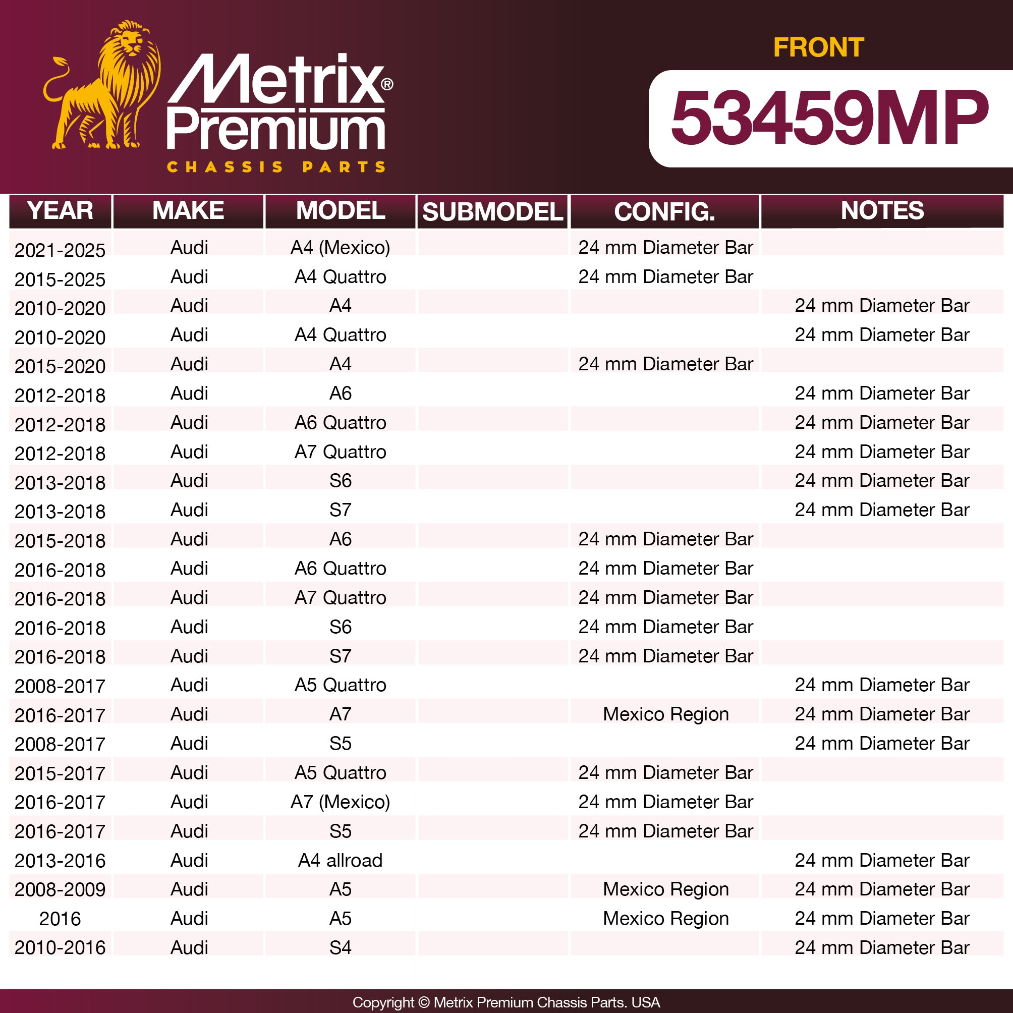 Metrix Premium Chassis Parts Front Stabilizer Bar Bushing Kit 53459MP OEM fit auto parts