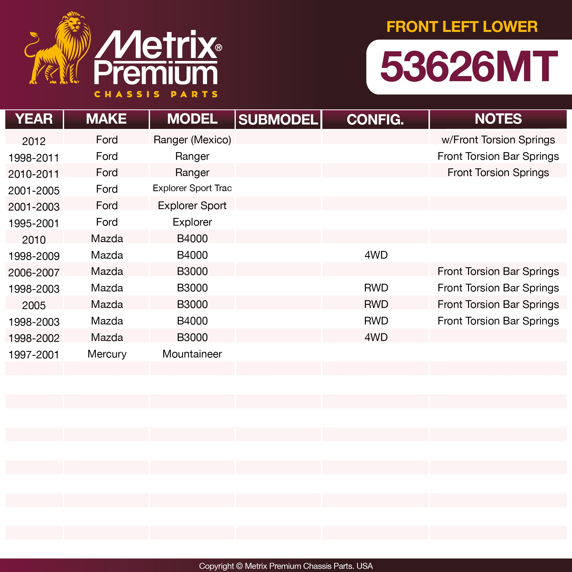 Metrix Premium Chassis Parts Front Left Lower Control Arm and Ball Joint Assembly 53626MT OEM fit auto parts