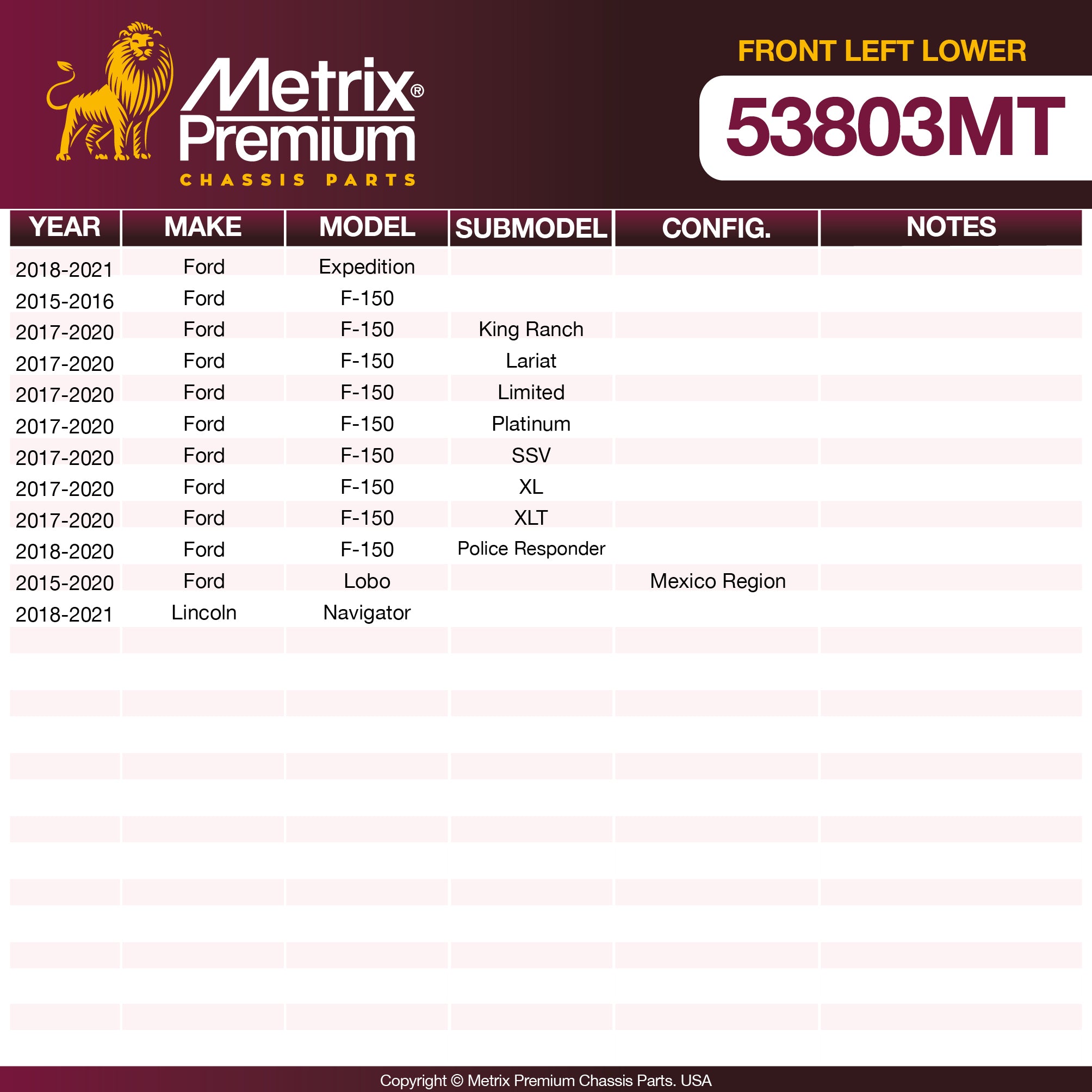 Metrix Premium Chassis Parts Front Left Lower Control Arm and Ball Joint Assembly 53803MT aftermarket car parts