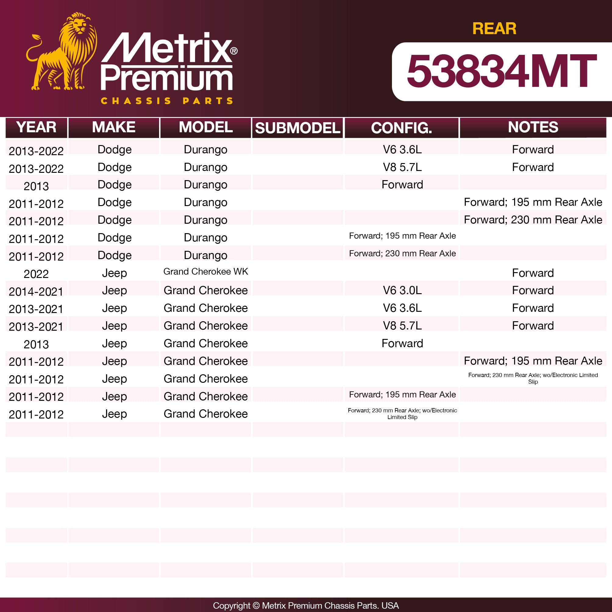 Metrix Premium Chassis Parts Rear Differential Mount Bushing 53834MT aftermarket car parts