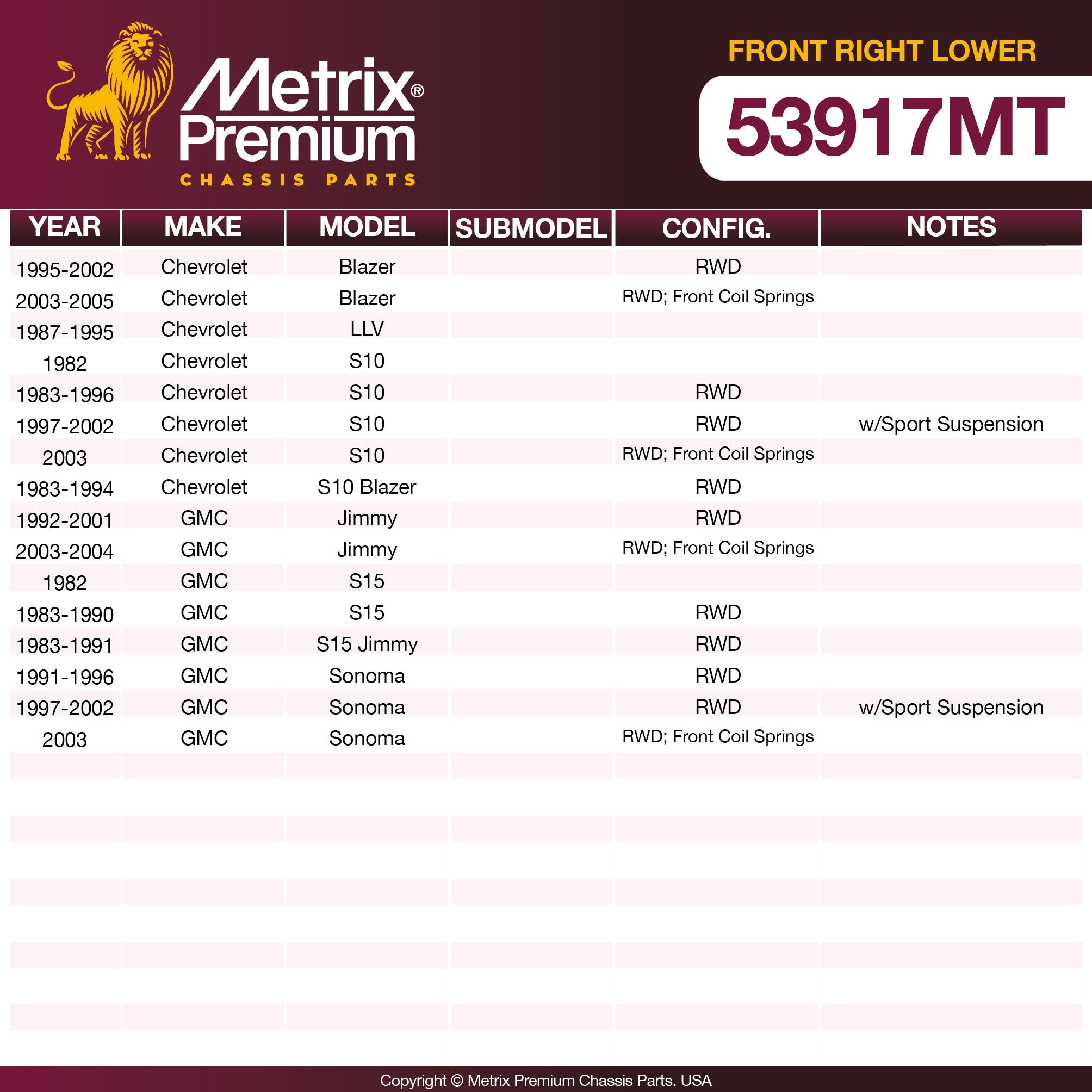 Metrix Premium Front Right Lower Control Arm and Ball Joint Assembly 53917MT OEM fit spare parts
