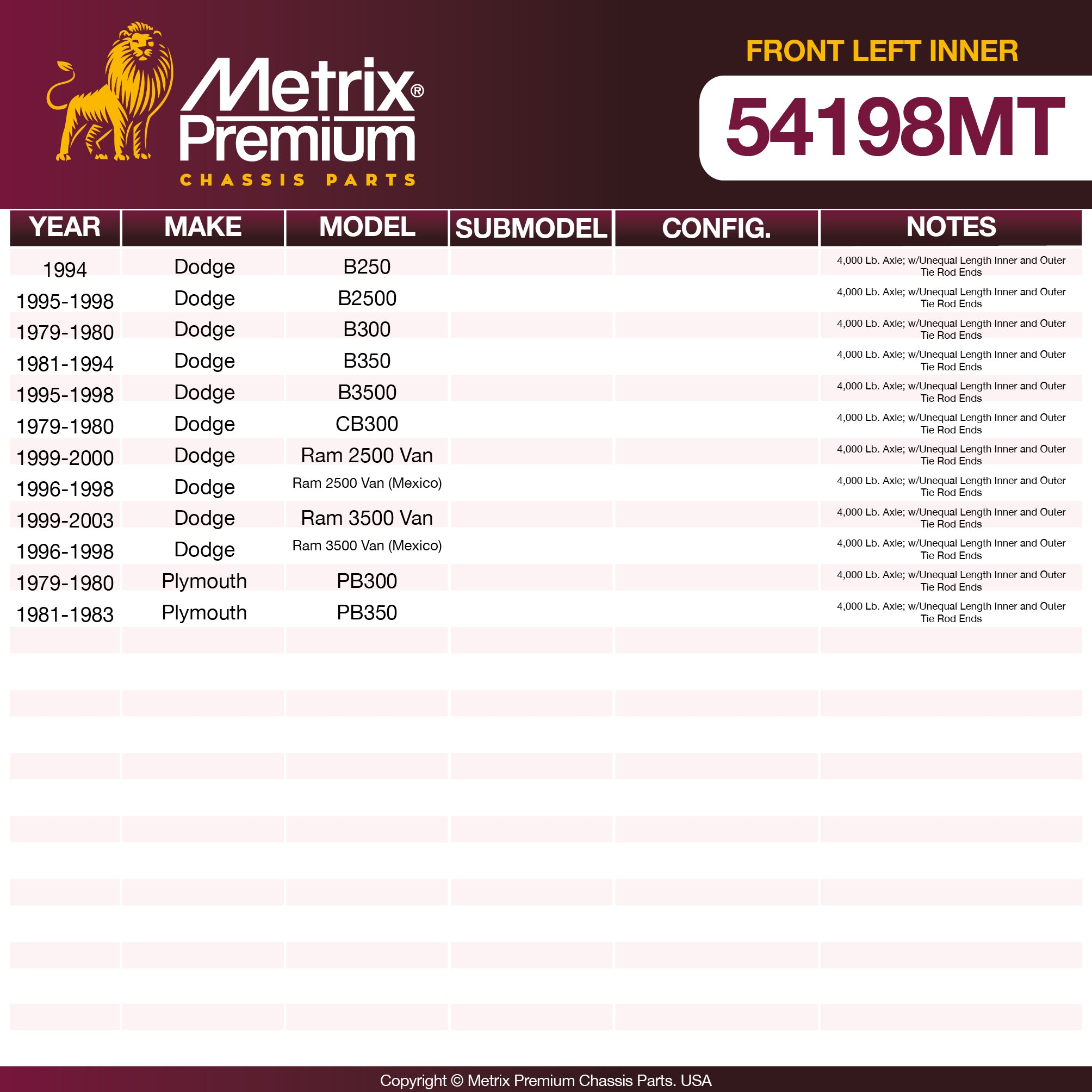 Metrix Premium Chassis Parts Front Left Inner Tie Rod End 54198MT aftermarket car parts