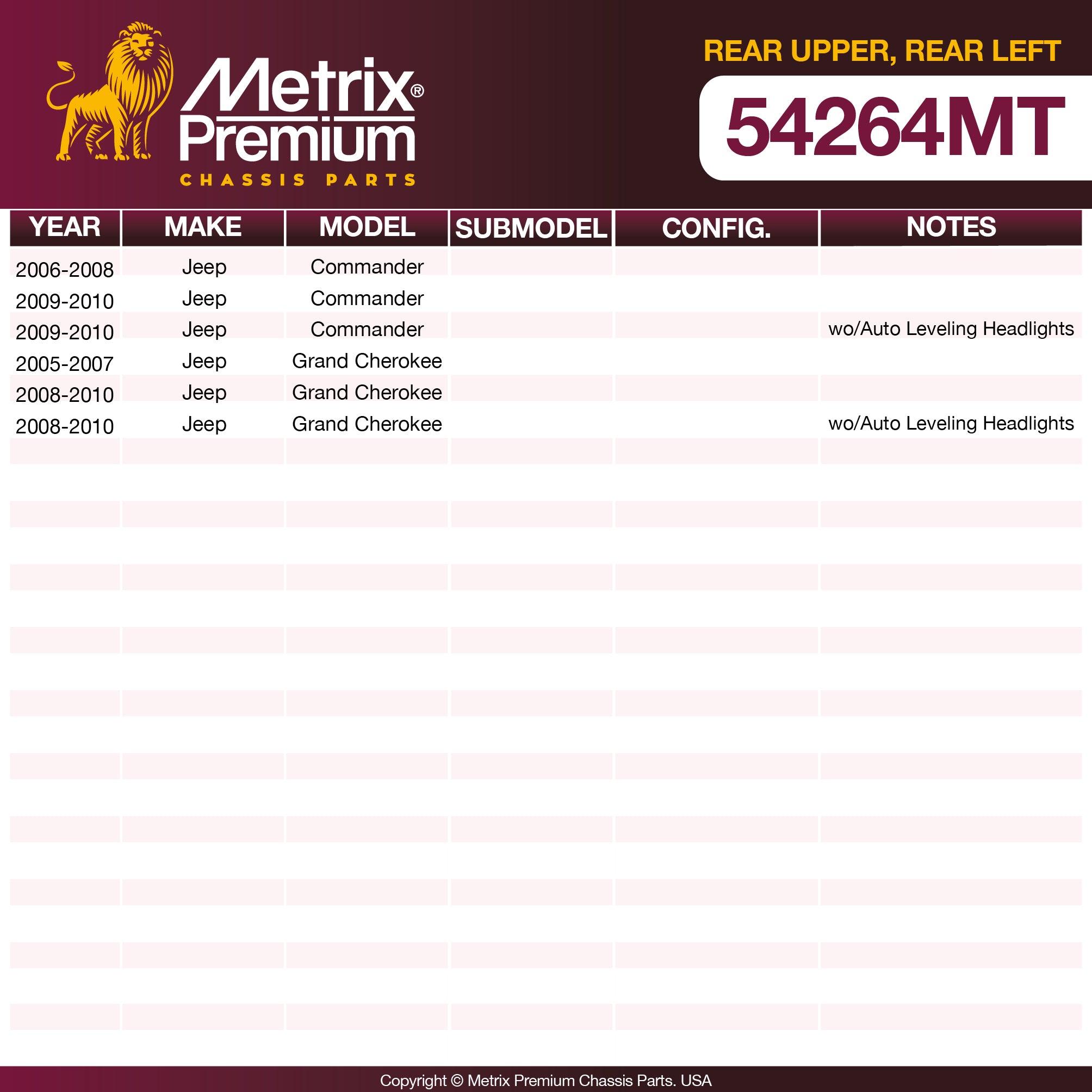 Metrix Premium Rear Upper Control Arm 54264MT OEM fit spare parts