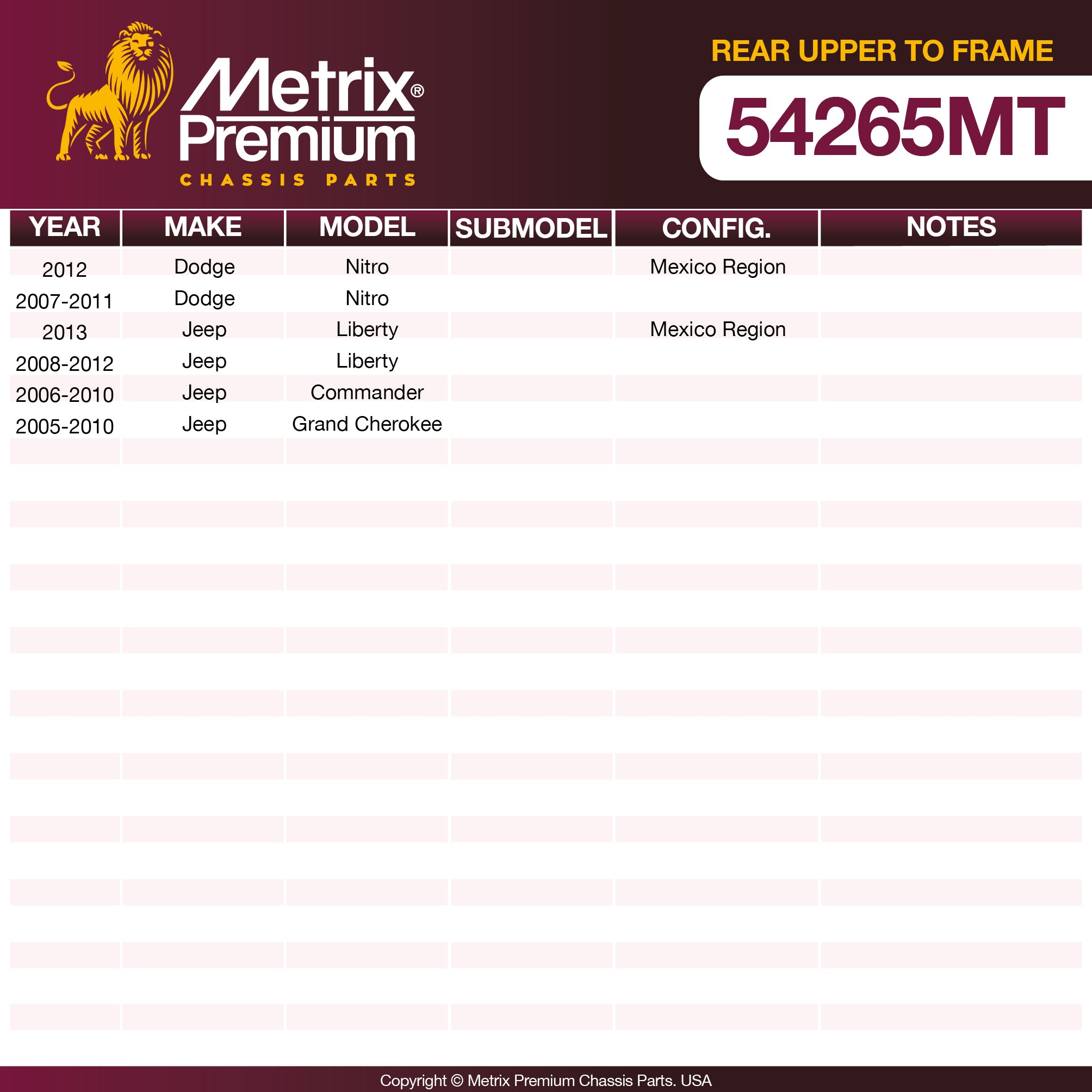 Metrix Premium Chassis Parts Rear Upper To Frame Control Arm Bushing 54265MT aftermarket car parts