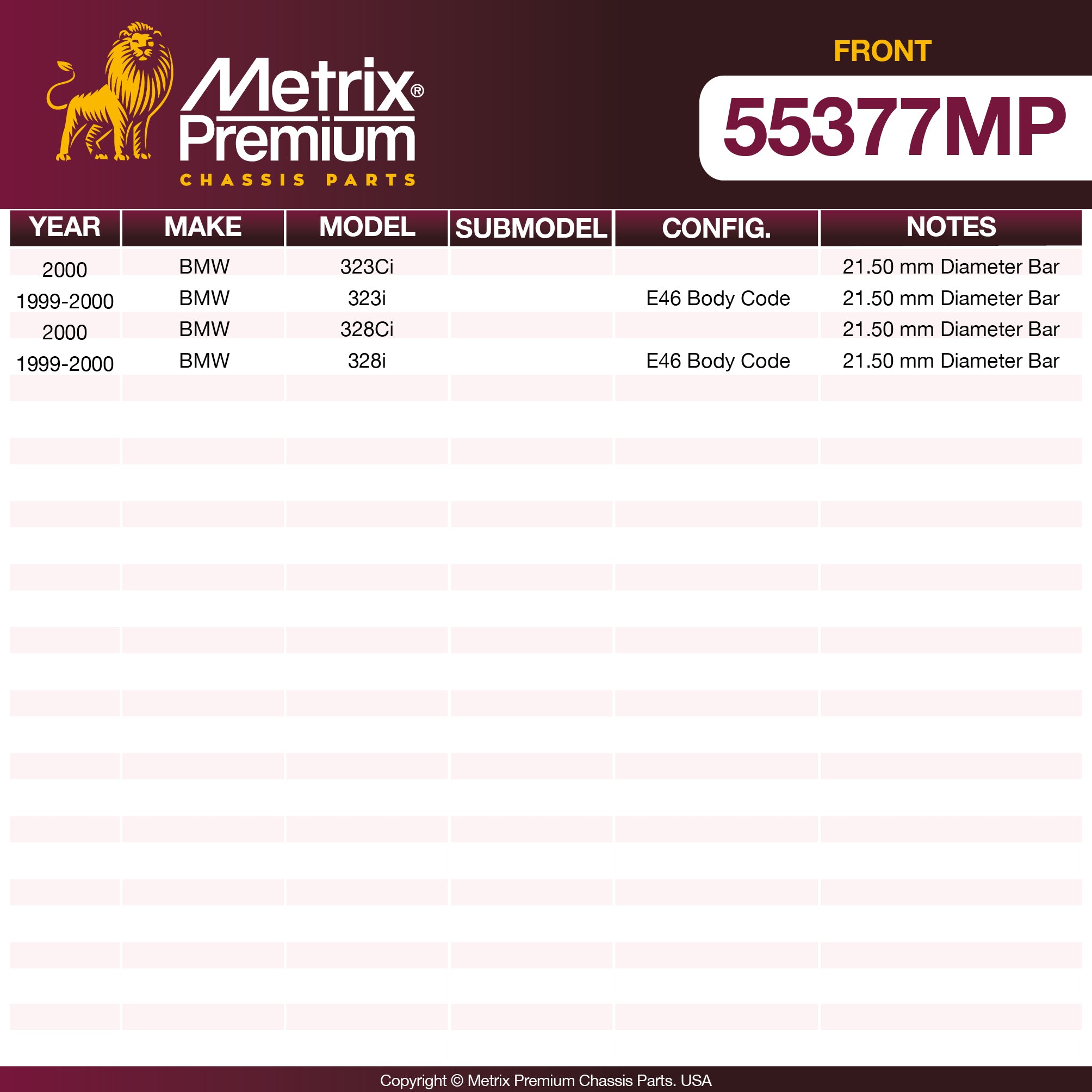 Metrix Premium Chassis Parts Front Stabilizer Bar Bushing Kit 55377MP aftermarket car parts