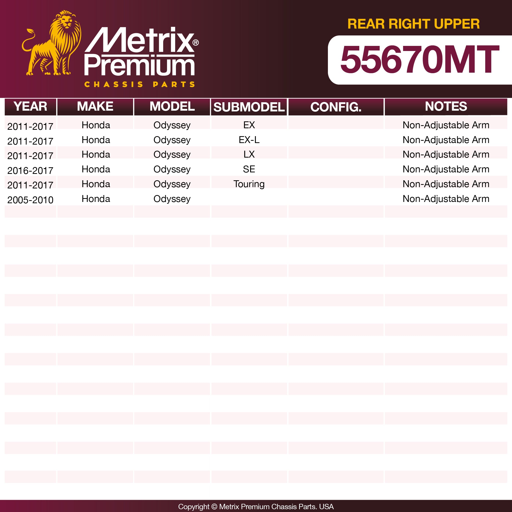 Metrix Premium Rear Right Upper Control Arm and Ball Joint Assembly 55670MT OEM fit spare parts