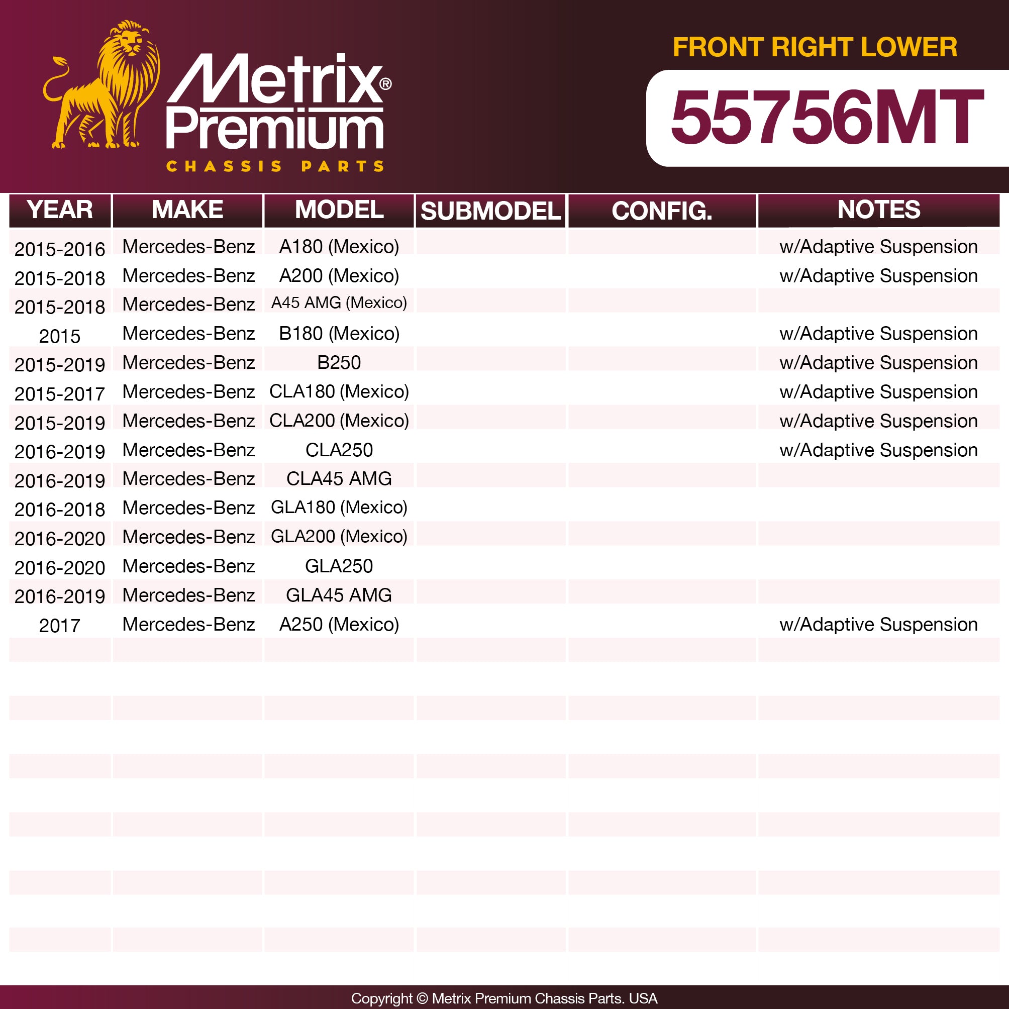 Metrix Premium Chassis Parts Front Right Lower Control Arm and Ball Joint Assembly 55756MT OEM fit auto parts