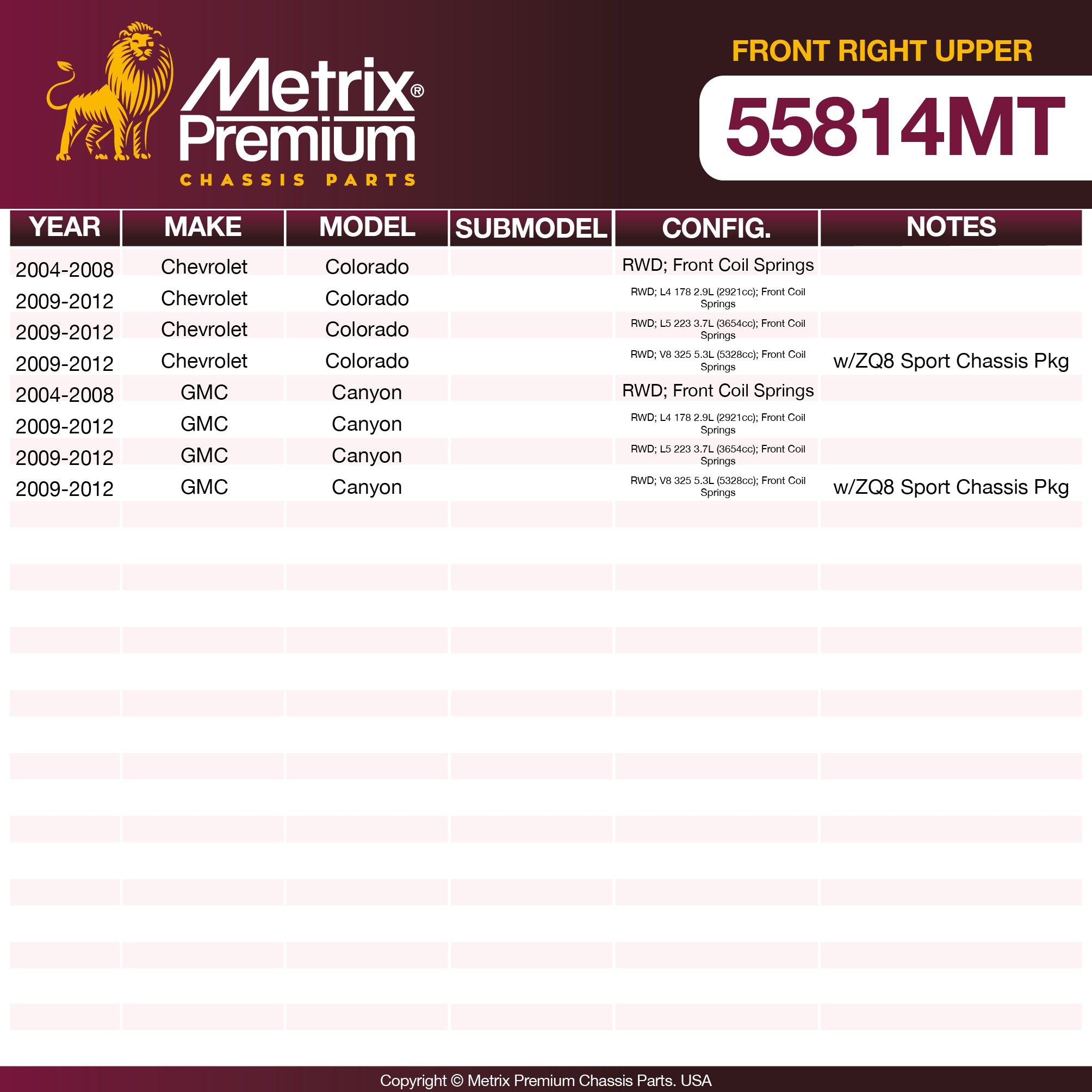 Metrix Premium Chassis Parts Front Right Upper Control Arm and Ball Joint Assembly 55814MT OEM fit auto parts