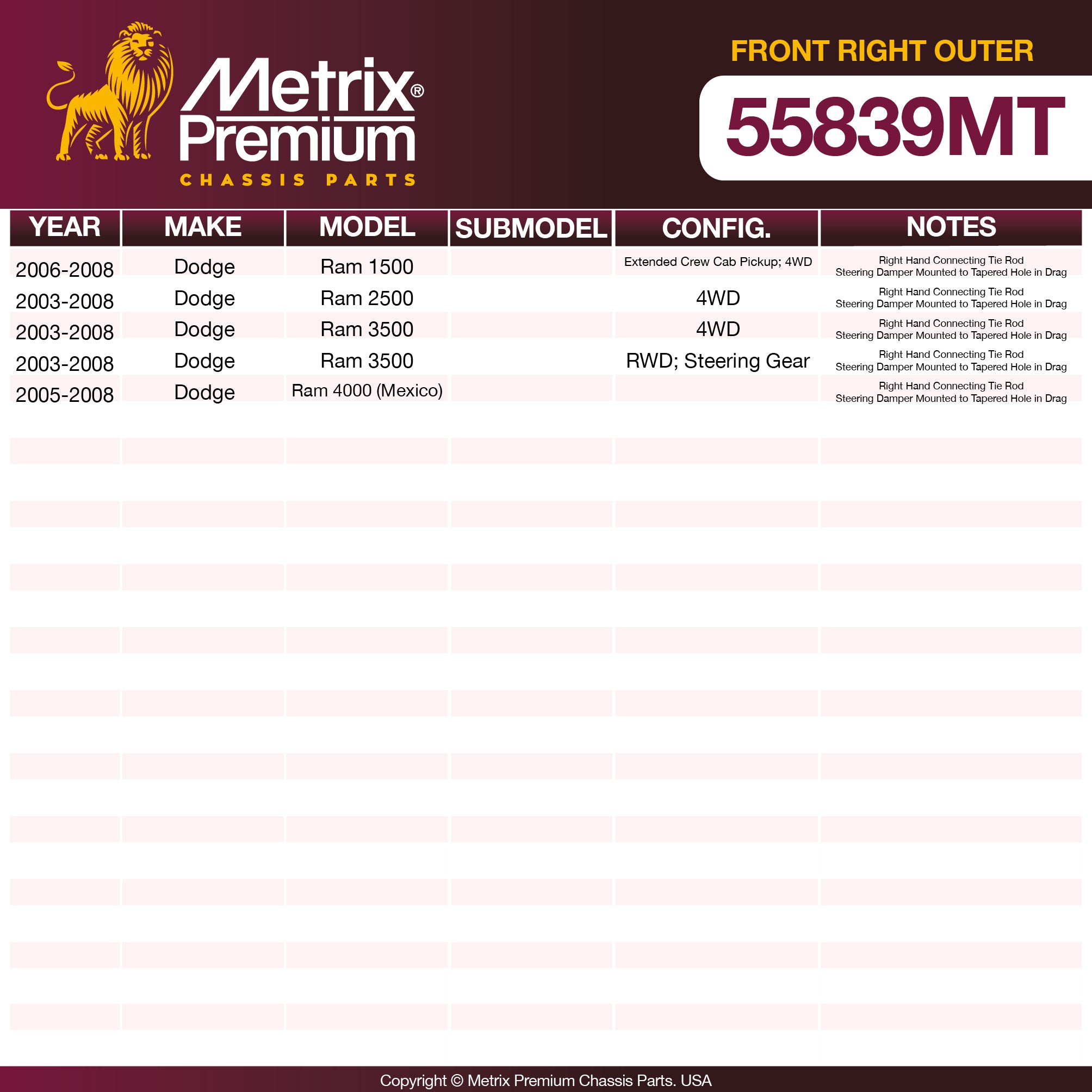 Metrix Premium Front Right Outer Drag Link 55839MT OEM fit spare parts