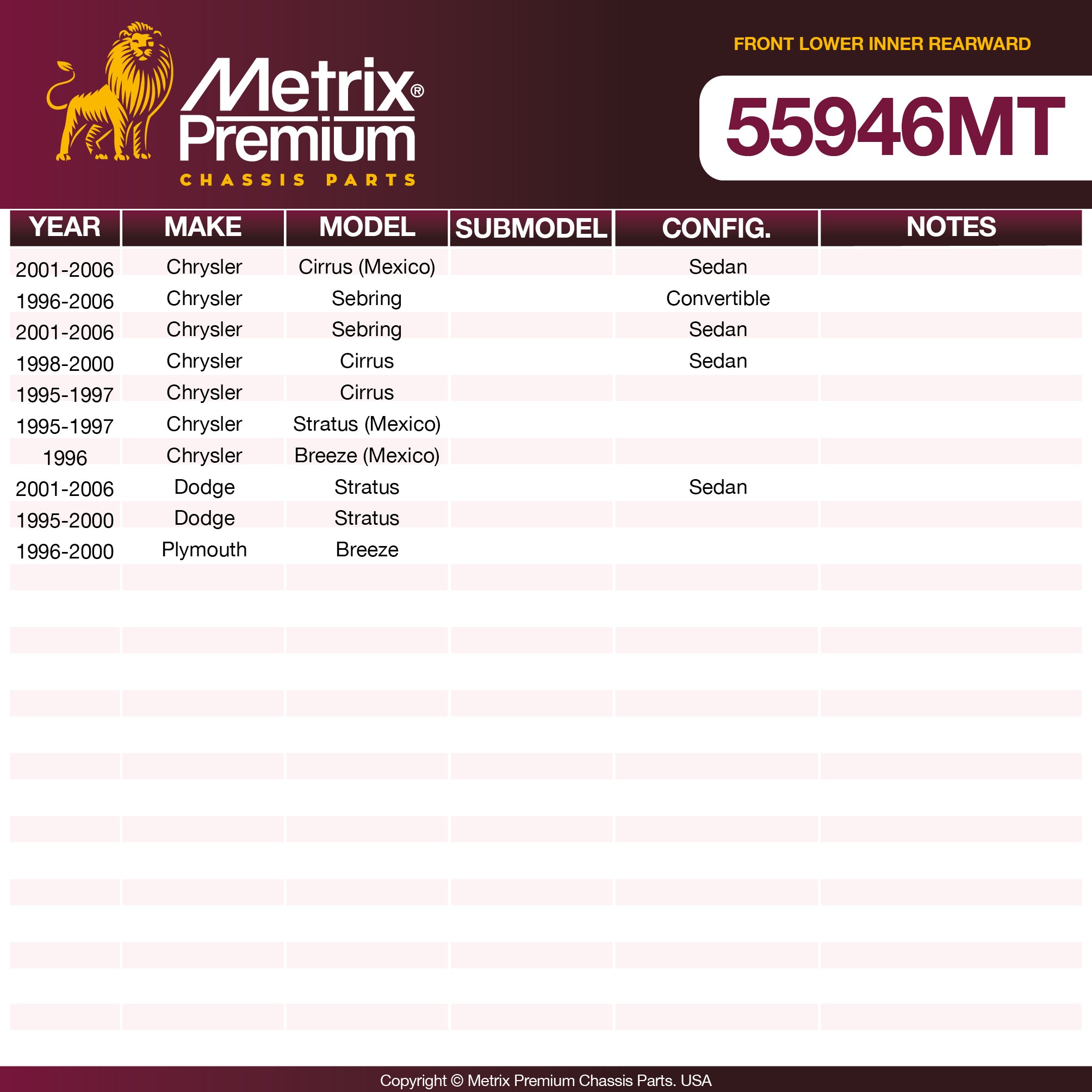 Metrix Premium Chassis Parts Front Lower Inner Rearward Control Arm Bushing 55946MT aftermarket car parts