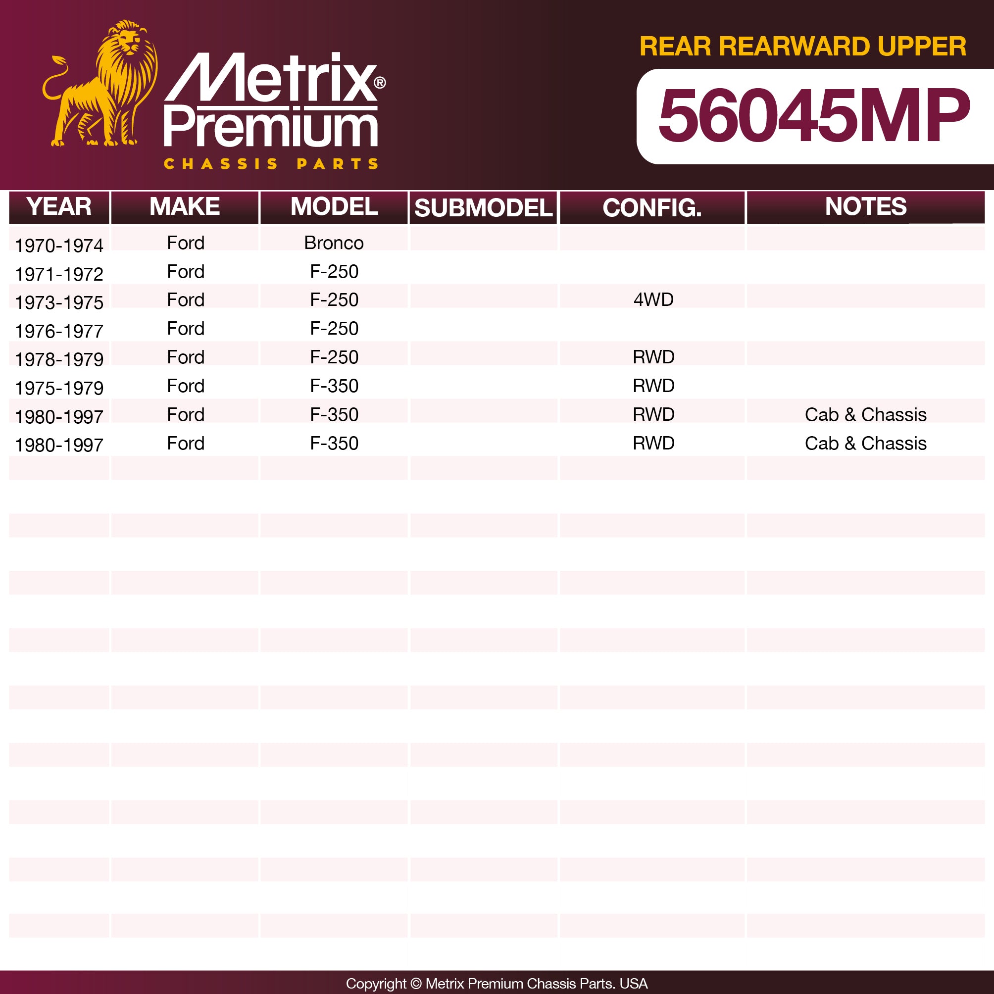 Metrix Premium Chassis Parts Rear Rearward Upper Control Arm Bushing 56045MP aftermarket car parts