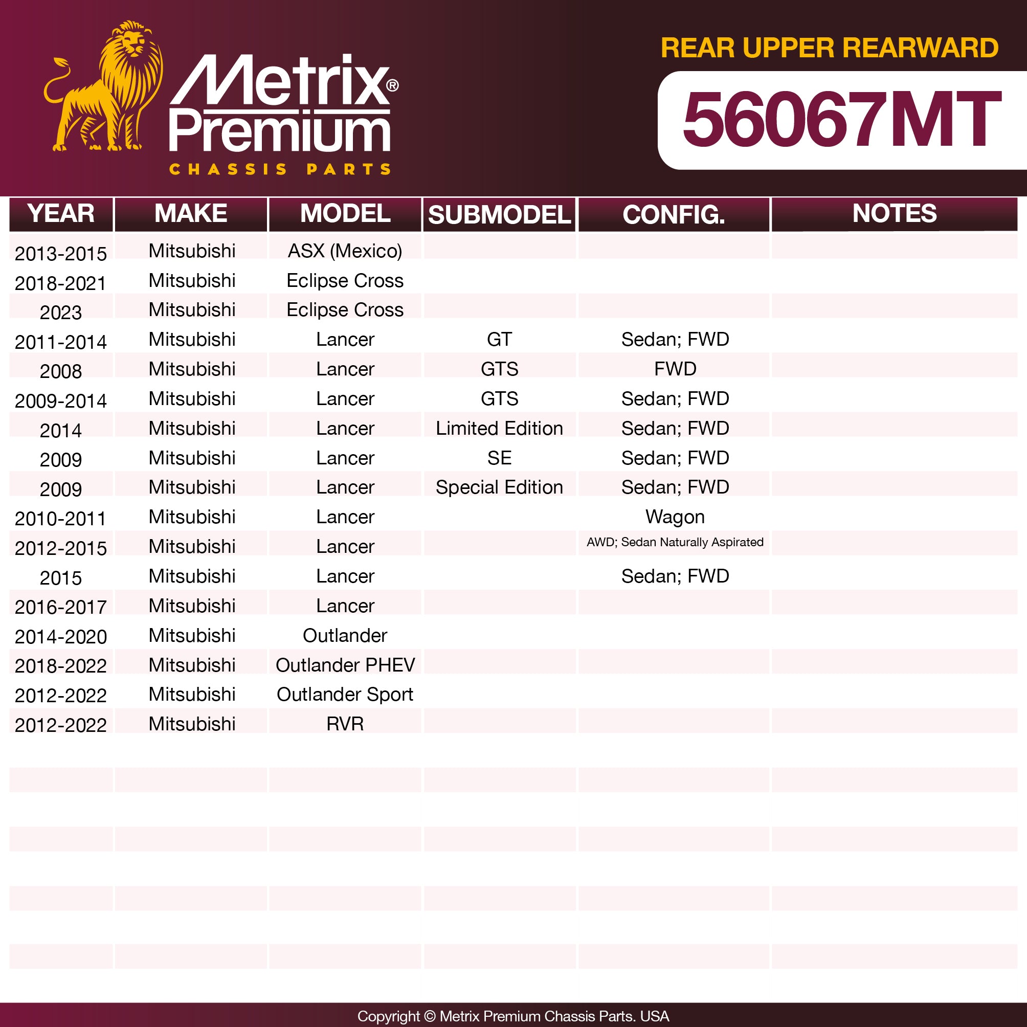 Metrix Premium Rear Upper Rearward Lateral Arm 56067MT OEM fit spare parts