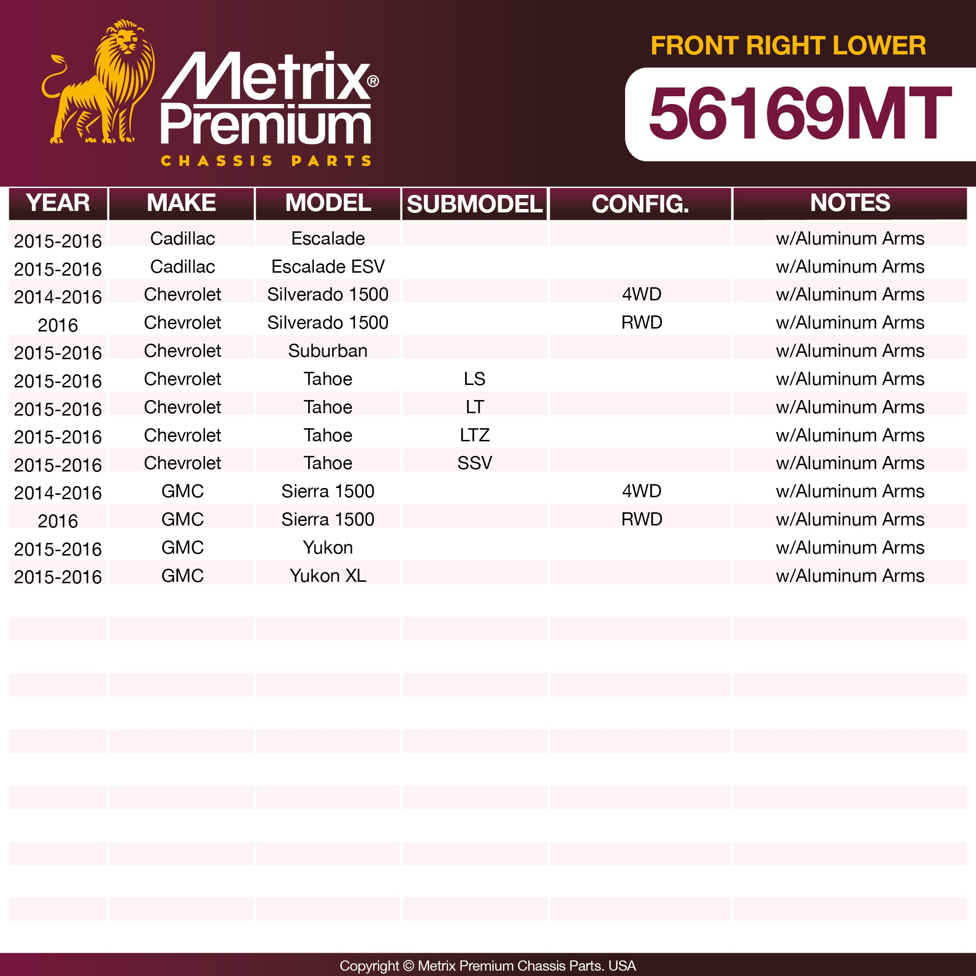 Metrix Premium Chassis Parts Front Right Lower Control Arm and Ball Joint Assembly 56169MT OEM fit auto parts