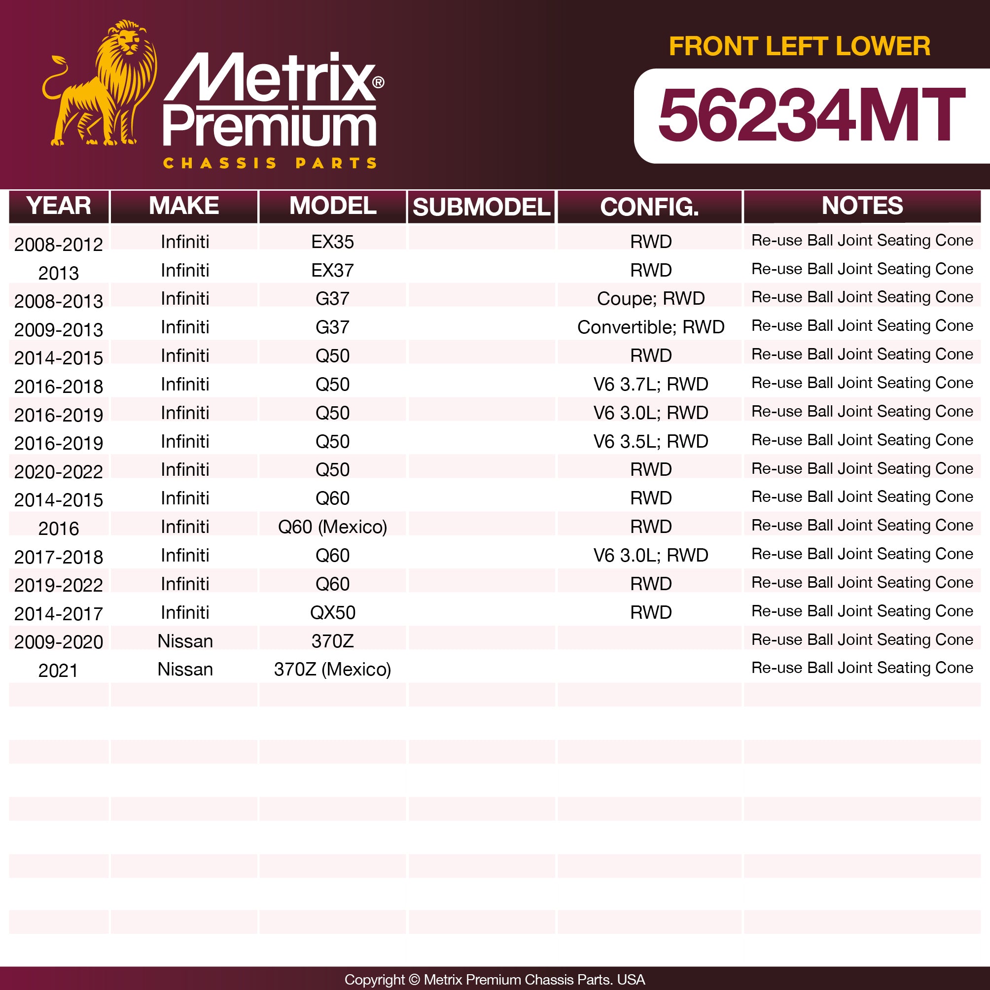 Metrix Premium Front Left Lower Control Arm and Ball Joint Assembly 56234MT OEM fit spare parts