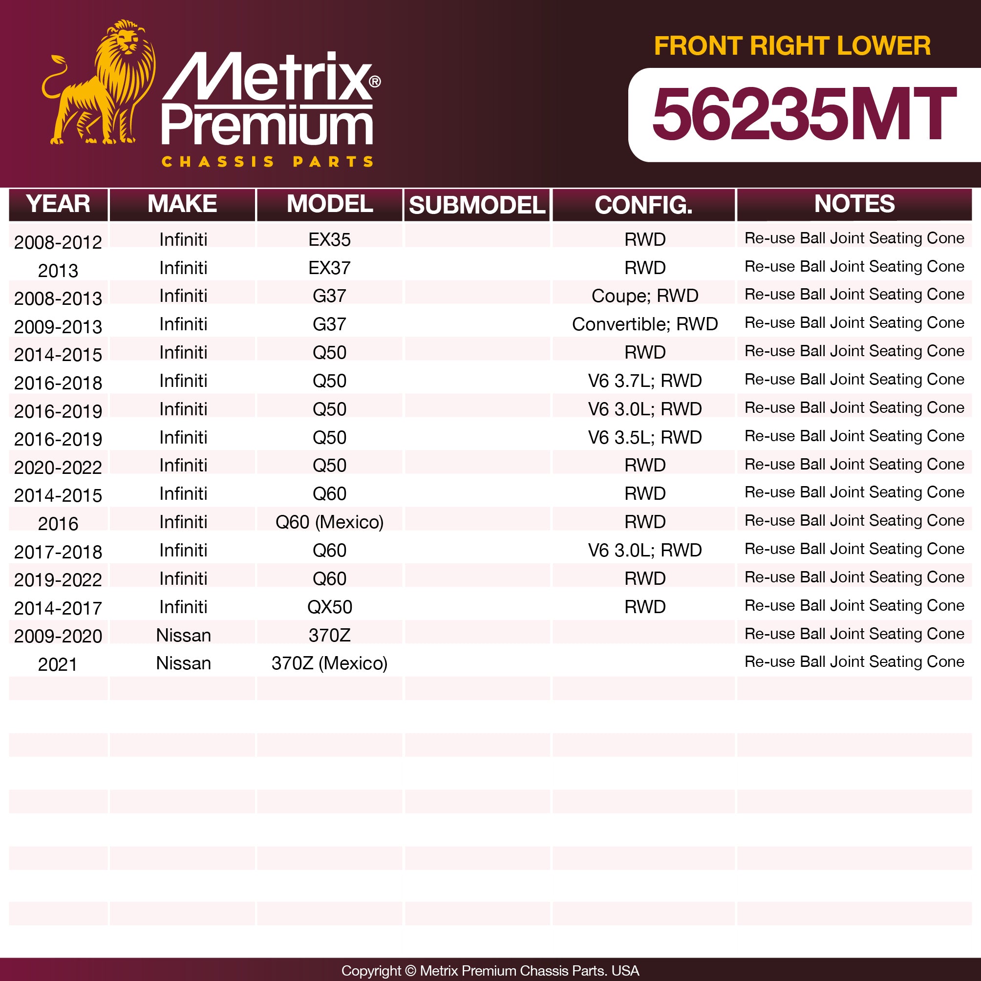 Metrix Premium Front Right Lower Control Arm and Ball Joint Assembly 56235MT OEM fit spare parts
