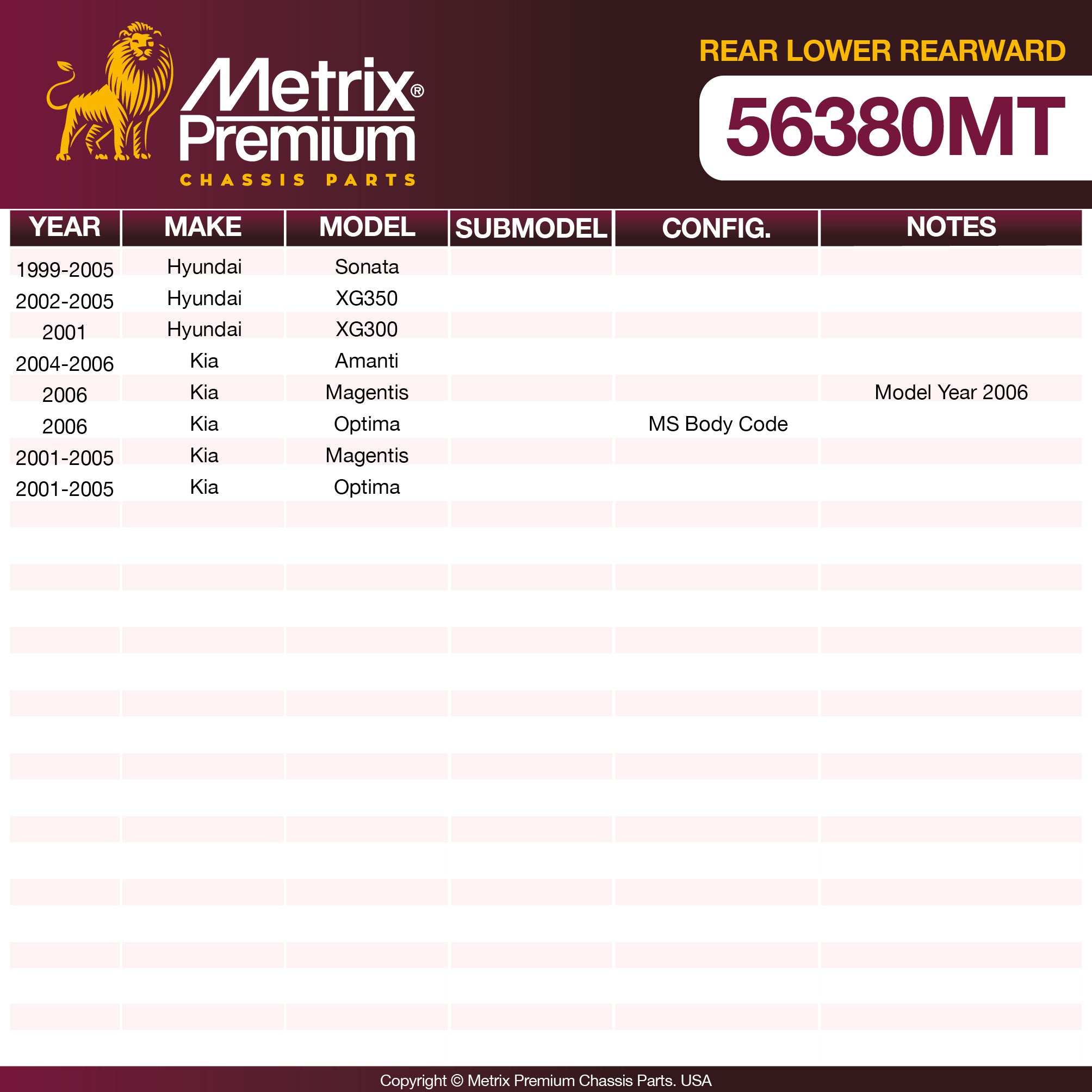 Metrix Premium Chassis Parts Rear Lower Rearward Control Arm Bushing 56380MT OEM fit auto parts