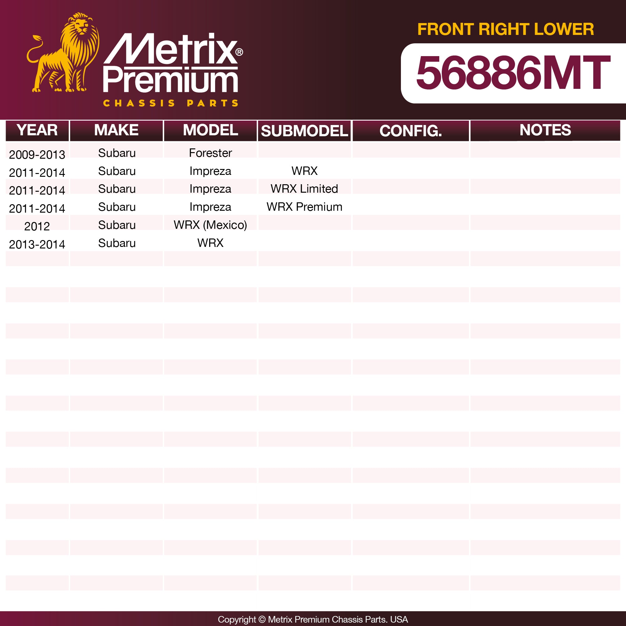 Metrix Premium Front Right Lower Control Arm and Ball Joint Assembly 56886MT OEM fit spare parts