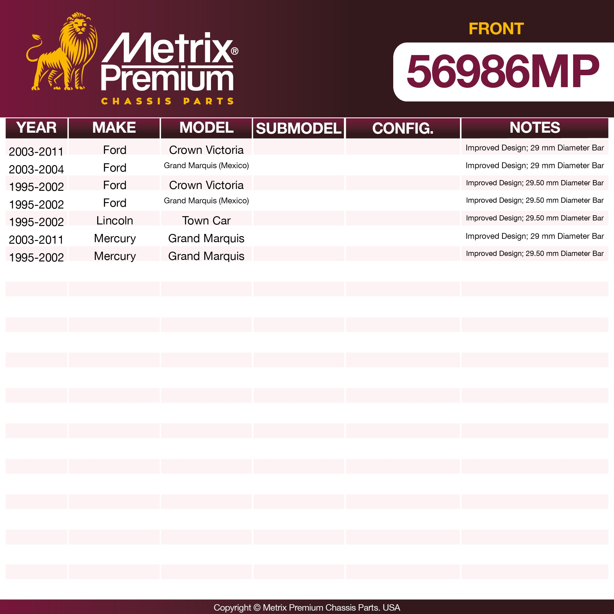 Metrix Premium Chassis Parts Front Axle Support Bushing 56986MP OEM fit auto parts