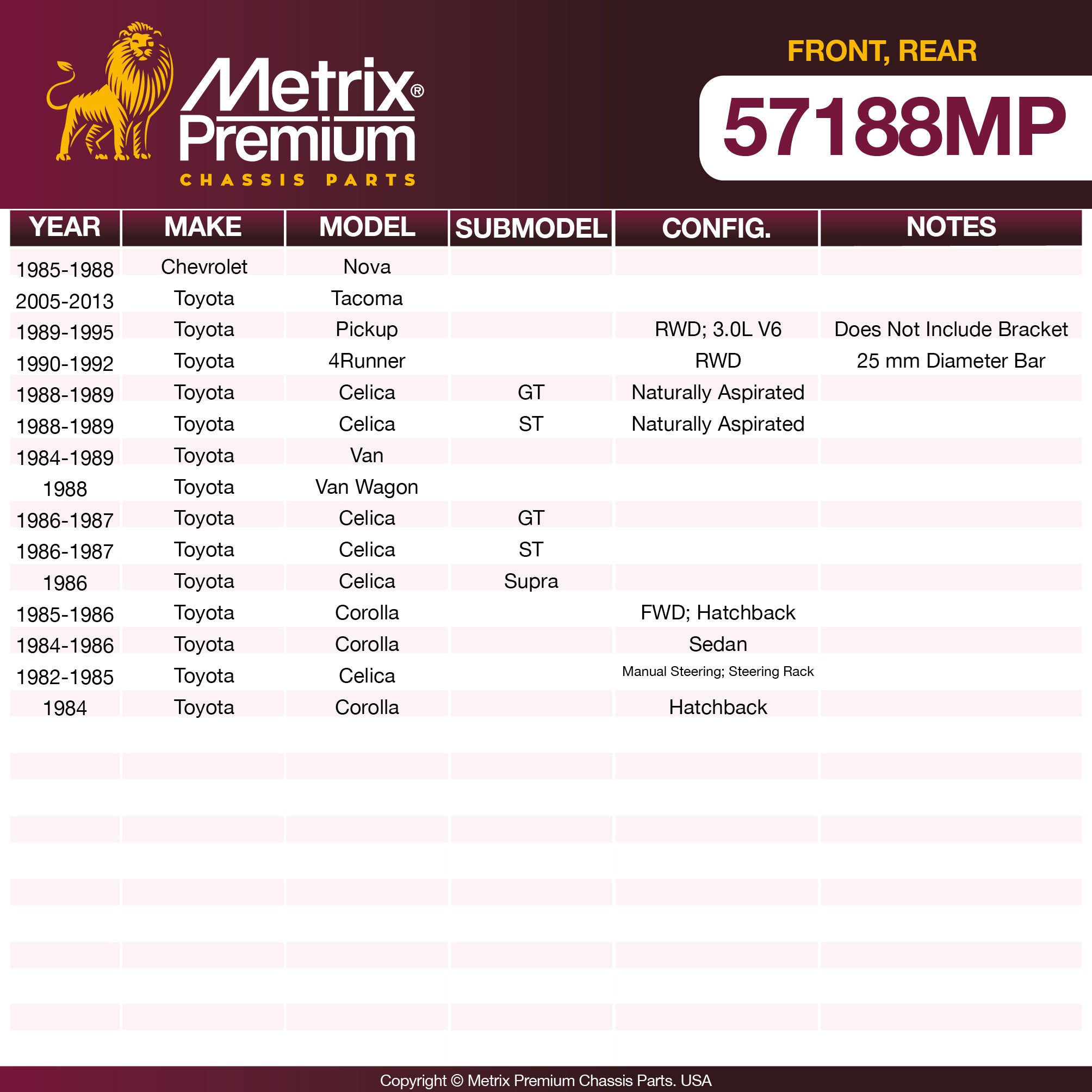 Metrix Premium Chassis Parts Front Stabilizer Bar Bushing Kit 57188MP OEM fit auto parts