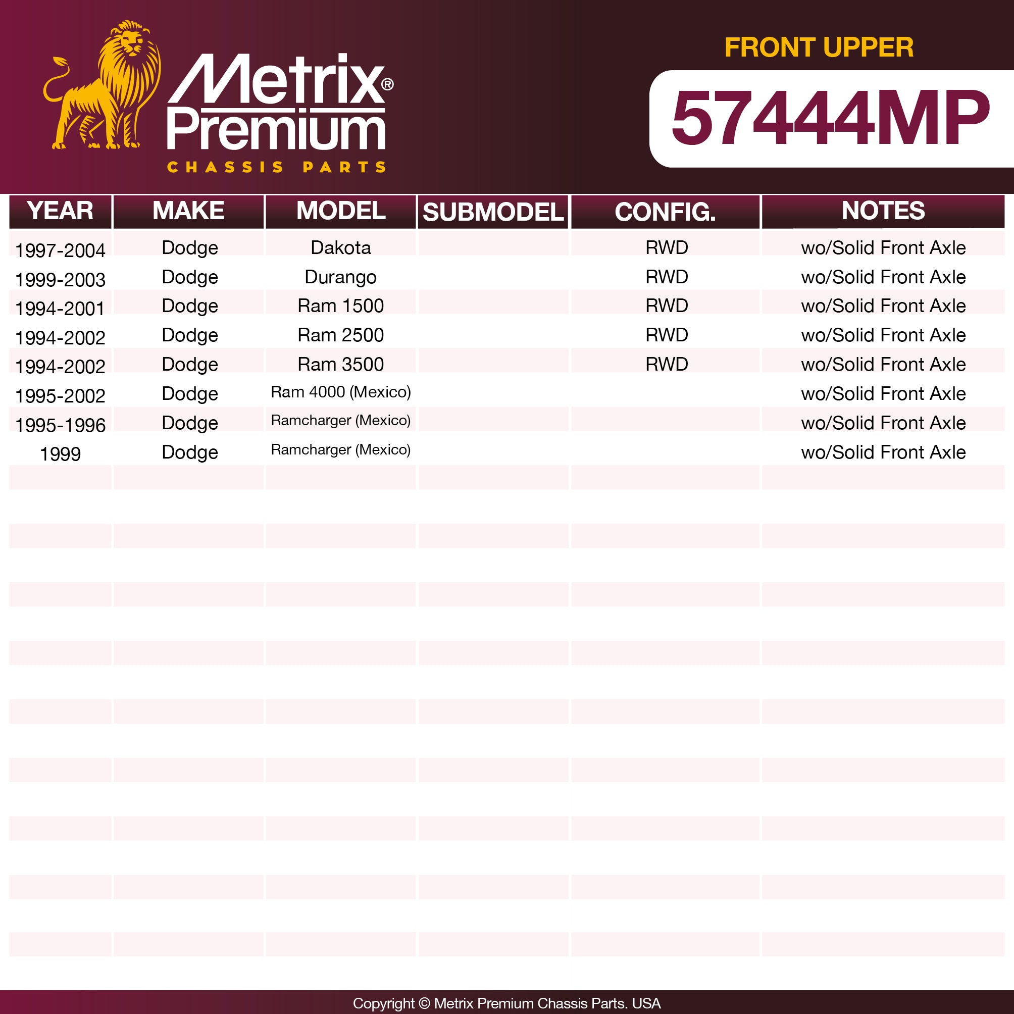 Metrix Premium Front Upper Control Arm Bushing Kit 57444MP OEM fit spare parts