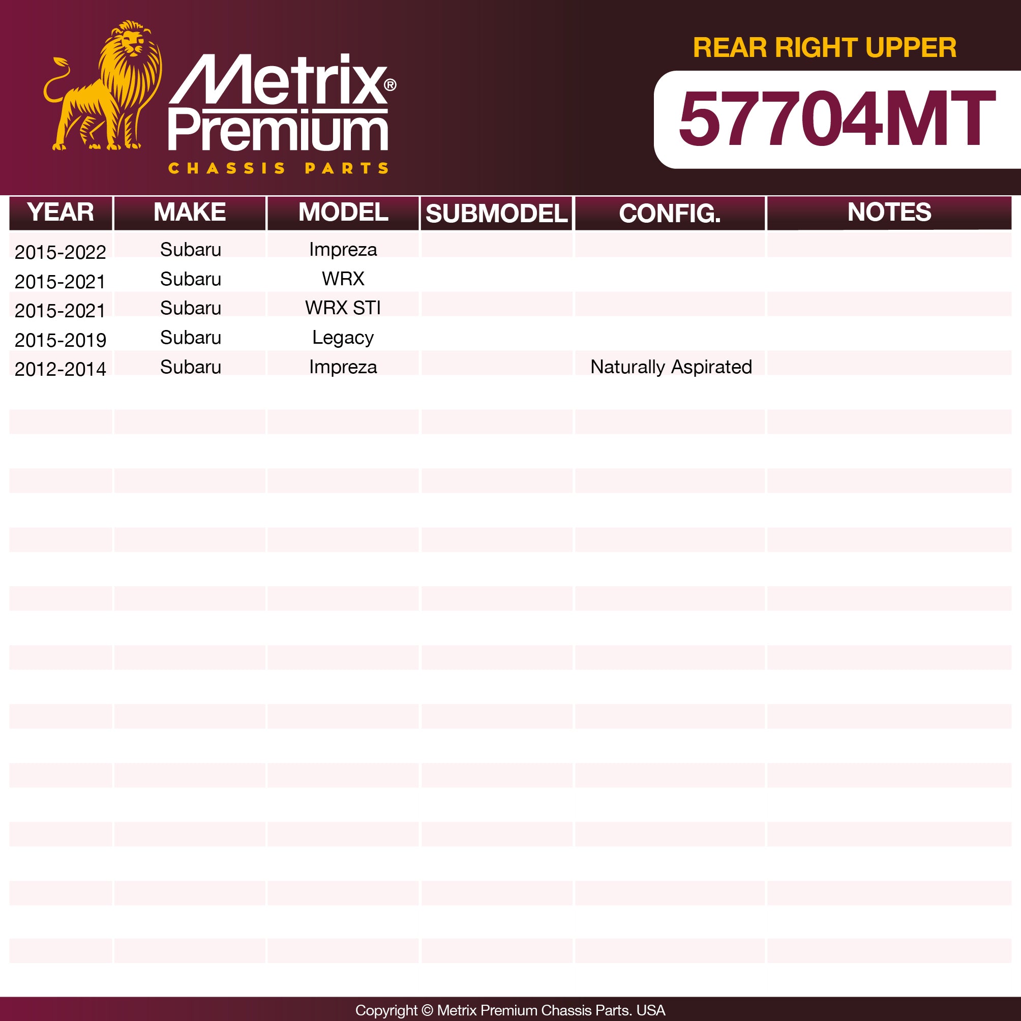 Metrix Premium Chassis Parts Rear Right Upper Control Arm and Ball Joint Assembly 57704MT OEM fit auto parts