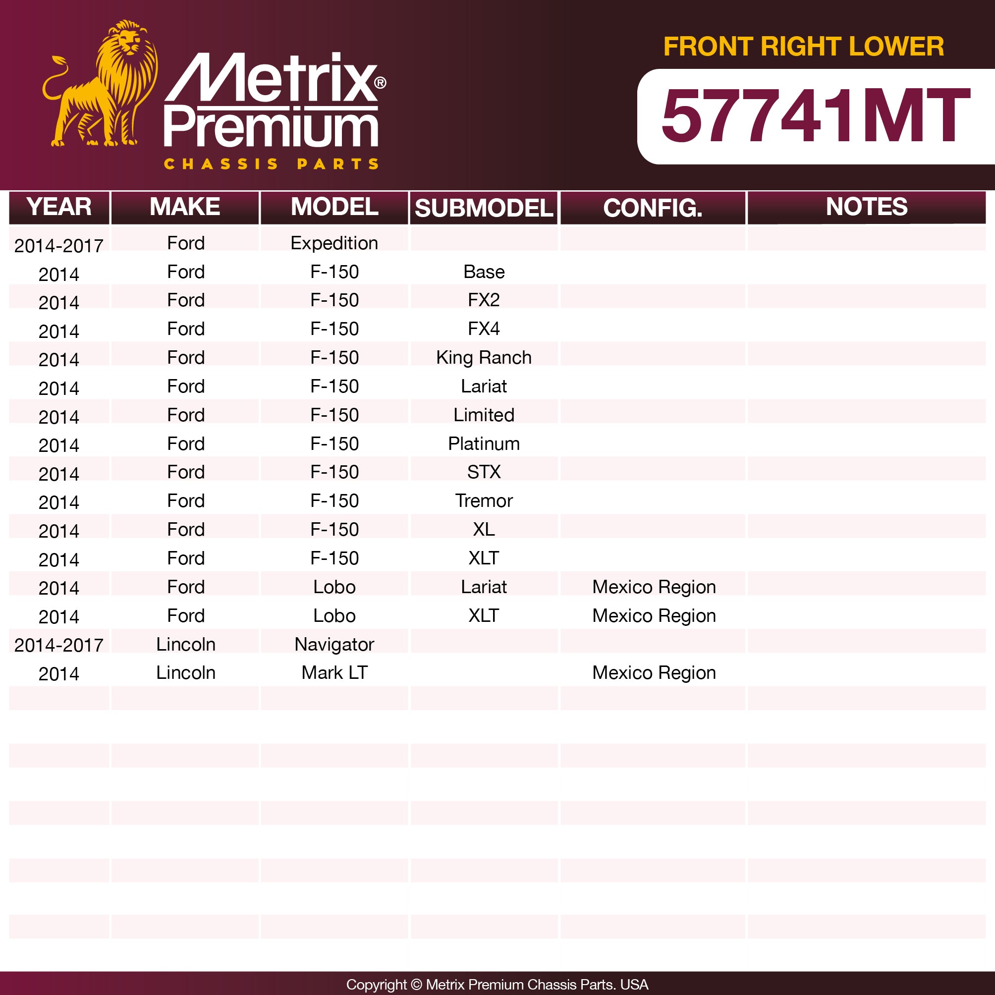 Metrix Premium Chassis Parts Front Right Lower Control Arm and Ball Joint Assembly 57741MT OEM fit auto parts