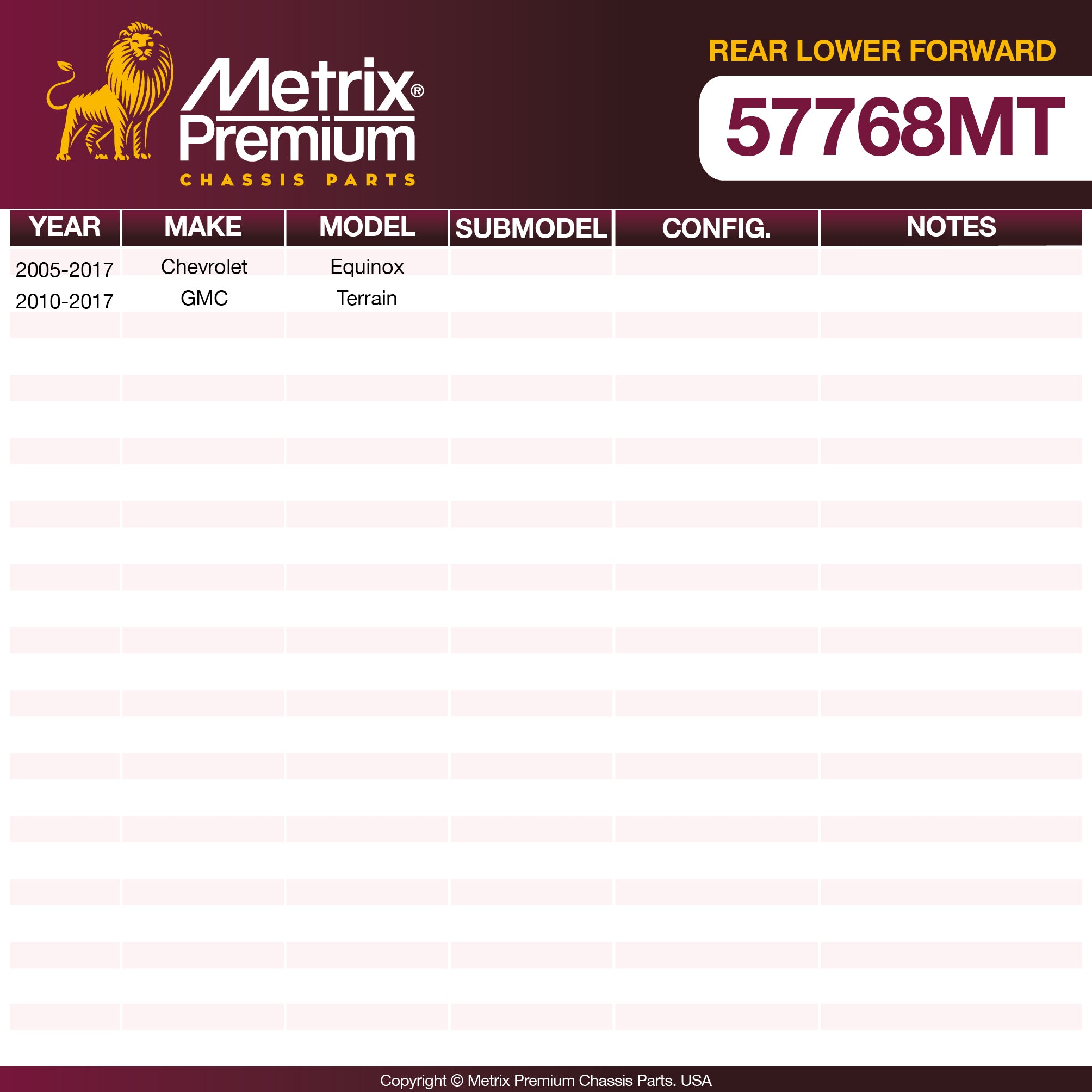 Metrix Premium Chassis Parts Rear Left Lower Forward; Rear Right Lower Forward Lateral Arm 57768MT OEM fit auto parts