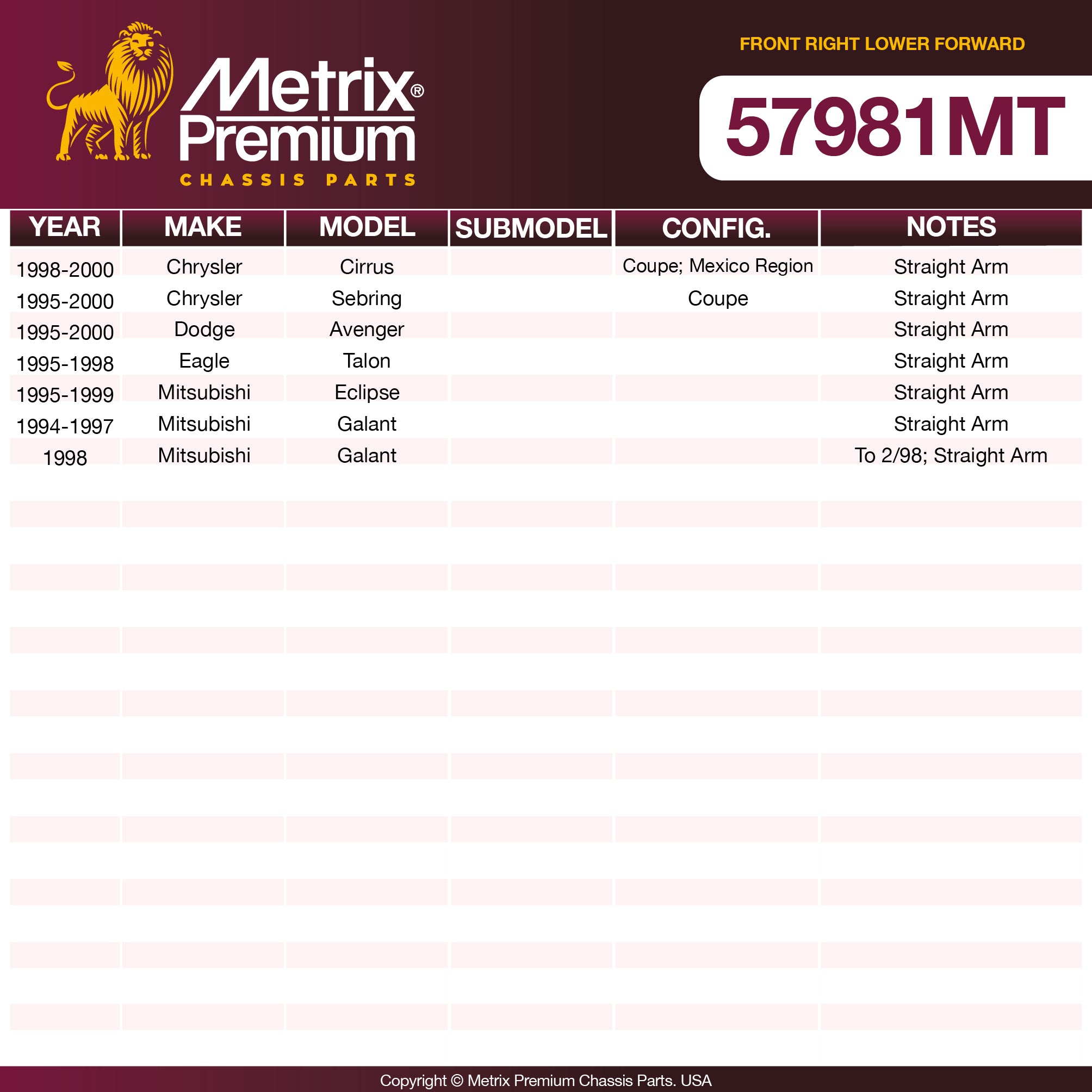 Metrix Premium Chassis Parts Front Right Lower Forward Control Arm and Ball Joint Assembly 57981MT aftermarket car parts