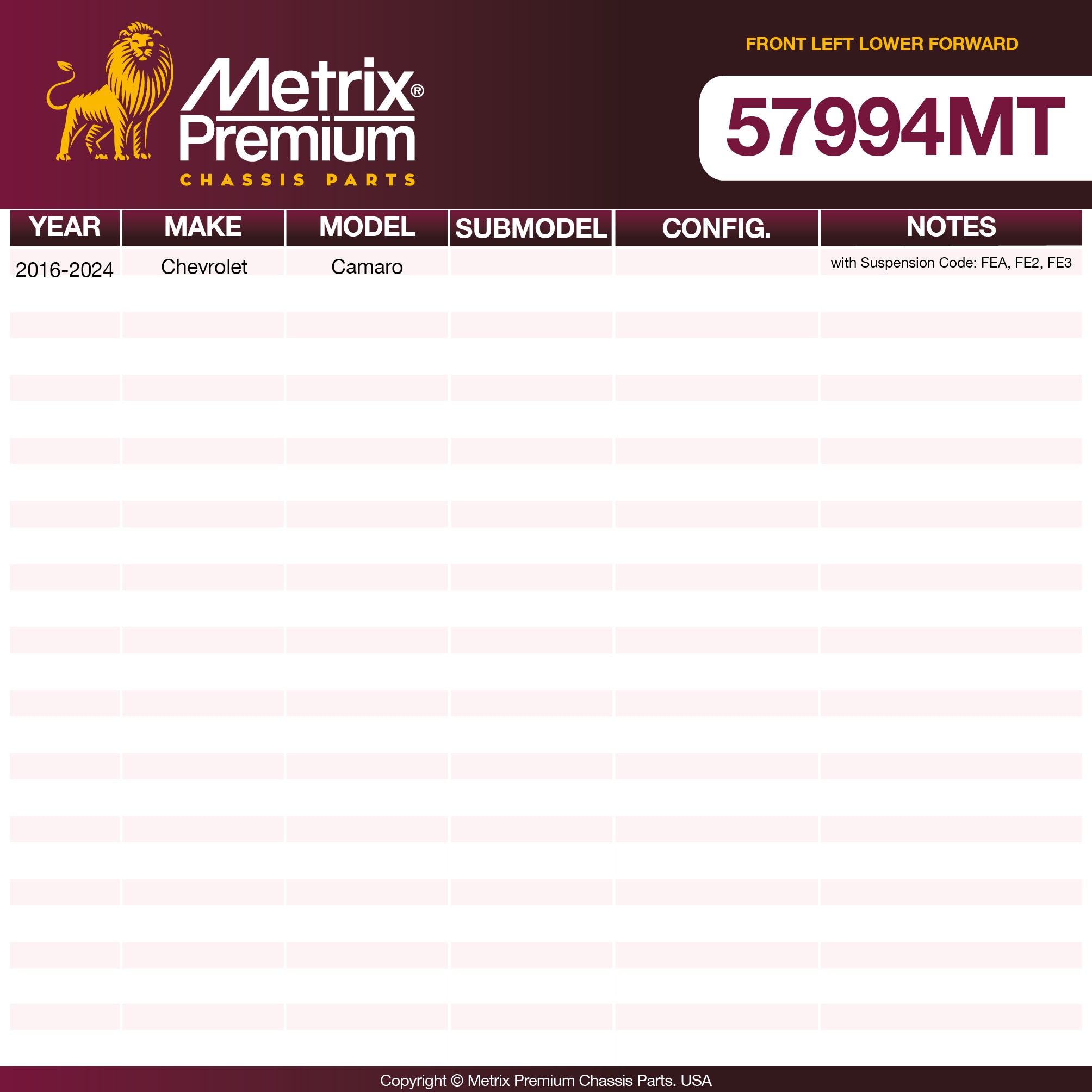 Metrix Premium Chassis Parts Front Left Lower Forward Control Arm and Ball Joint Assembly 57994MT OEM fit auto parts