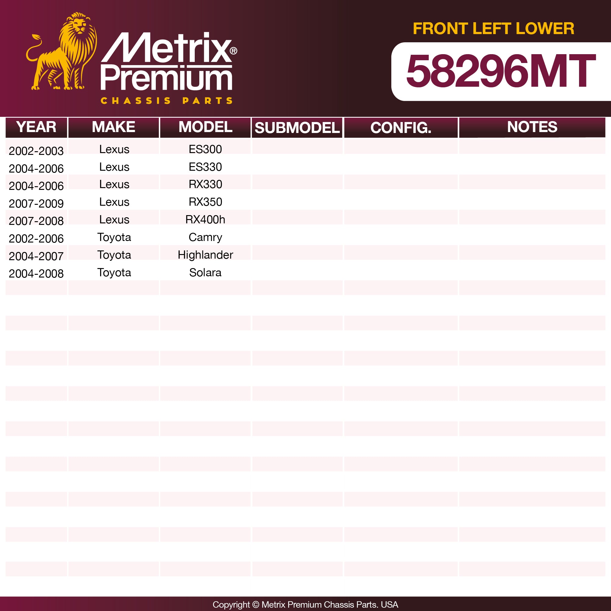 Metrix Premium Chassis Parts Front Left Lower Control Arm and Ball Joint Assembly 58296MT OEM fit auto parts