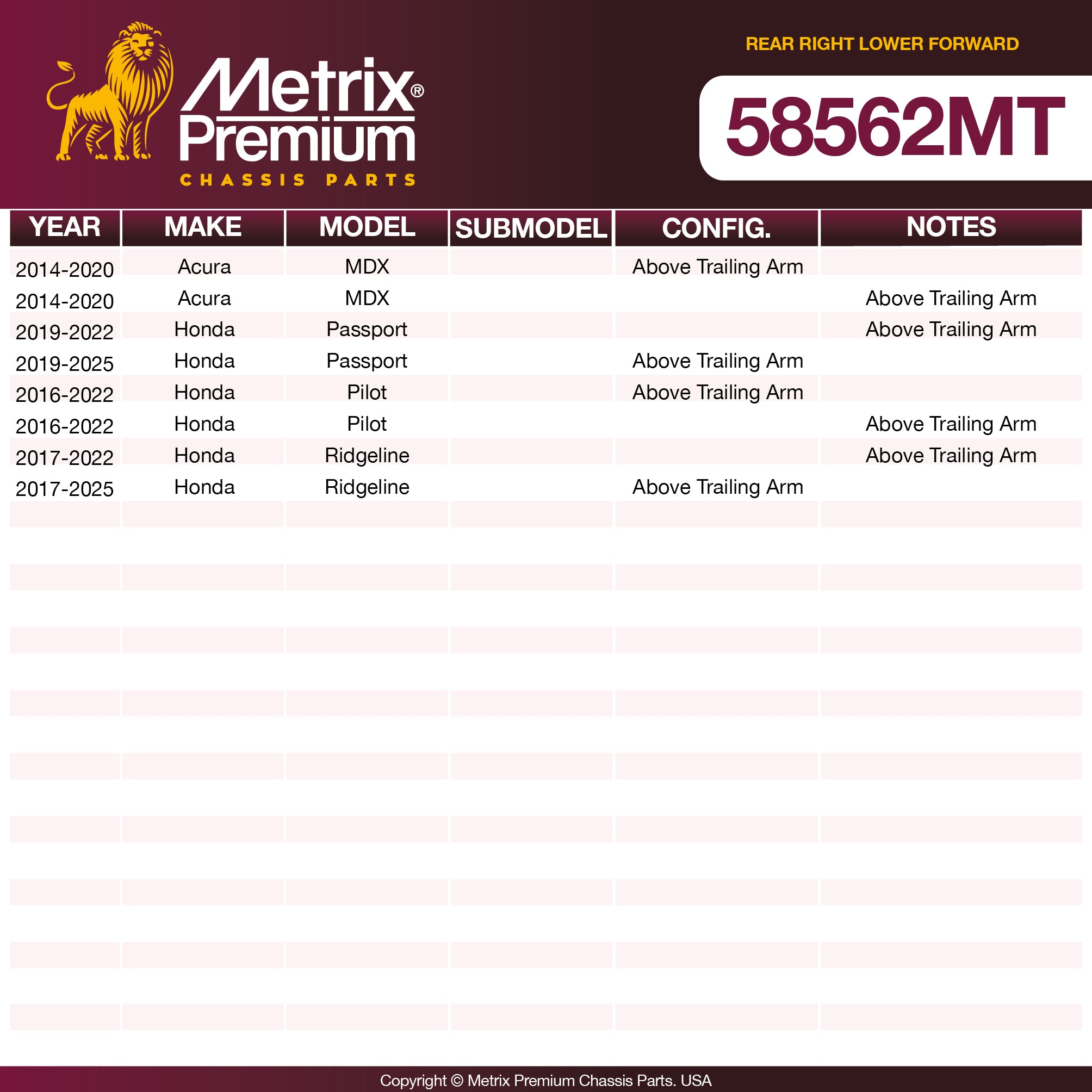 Metrix Premium Rear Right Lower Forward Control Arm 58562MT OEM fit spare parts